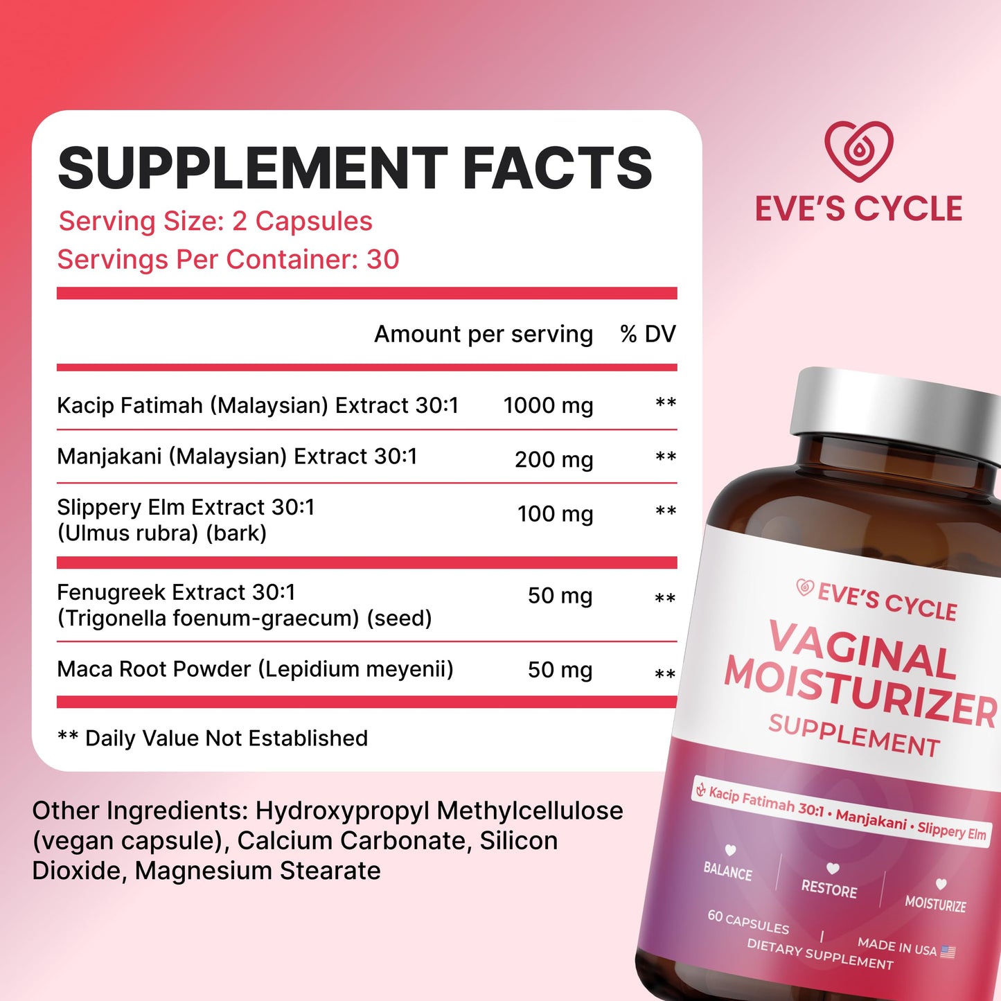 Eve's Cycle Vaginal Moisture + Tightening Supplement - Kacip Fatimah, Slippery Elm for Women, Manjakani for Vaginal Dryness - 60 Vegan Capsules - Made in USA