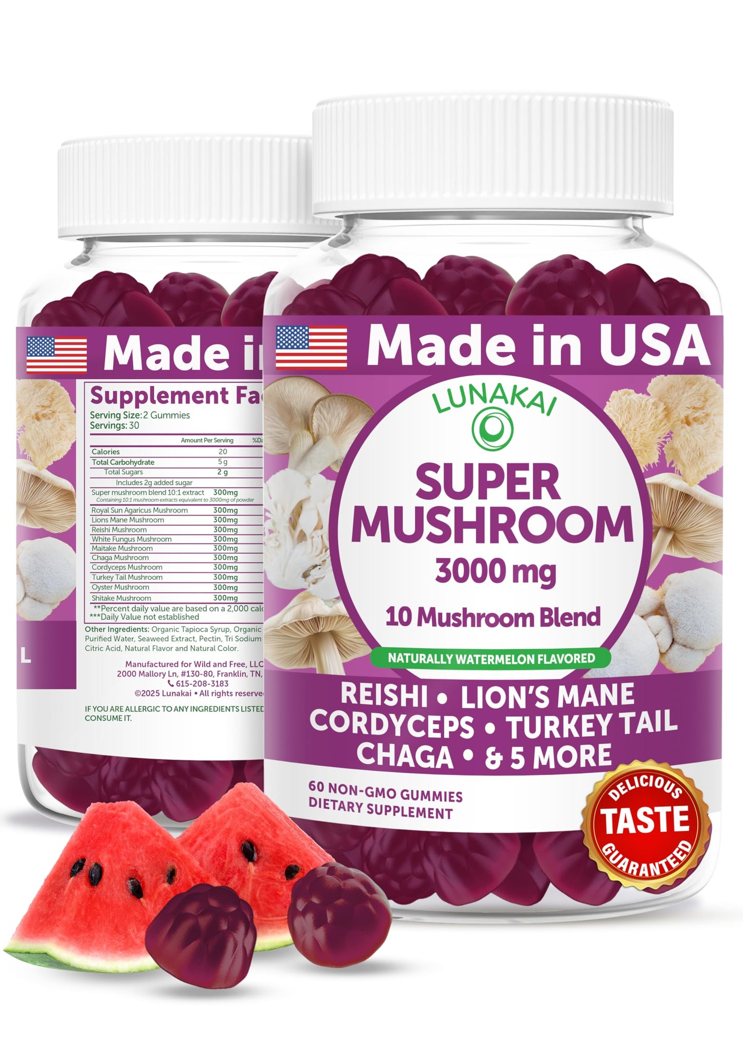 Lunakai USA Made Super Mushroom Gummies for Adults – 10-in-1 Adaptogenic Mushroom Supplement with Lion's Mane - Focus & Brain Support, 60ct
