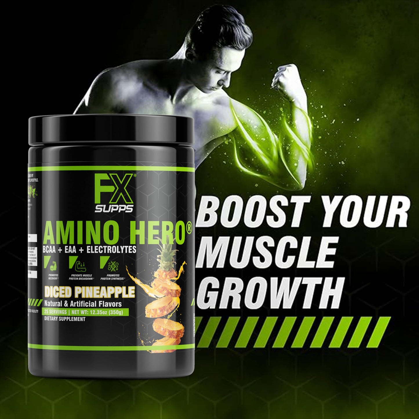 FXSUPPS Amino Hero Diced Pineapple Flavor(25 Servings)|Post-Workout Recovery Drink for Men and Women|Energy Powder Mix with BCAA, EAA, and Electrolytes|Promotes Endurance and Healthy Muscles - 1 Pack