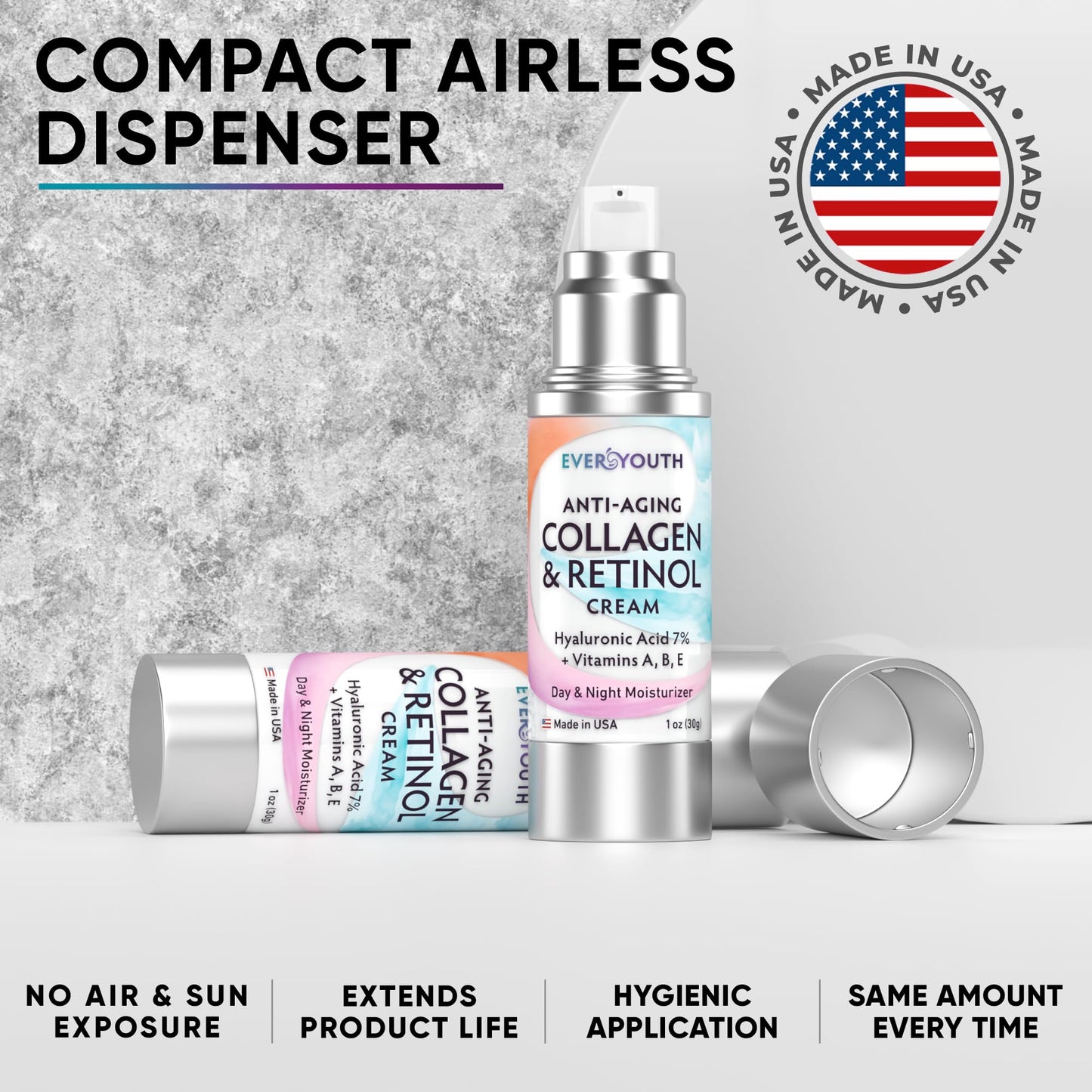 Face Moisturizer Bundle with Collagen, Retinol, Hyaluronic Acid, Niacinamide (Save 20%), Made in USA, Day & Night, for Women, Anti Wrinkle Cream for Face, Neck & Décolleté - 2x1.7oz+Travel Size 1.0oz