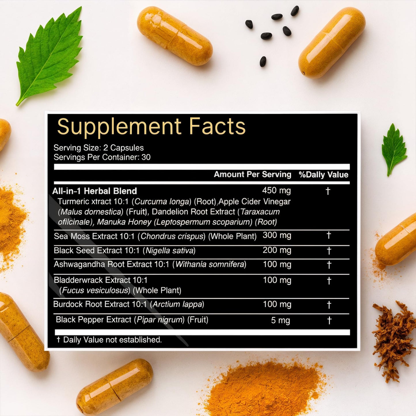 AZ ApexZone Sea Moss Capsules - Health Supplements - True Seamoss Black Seed Oil Ashwagandha Burdock Root, Tumeric Supplement with Manuka Honey, Dandelion Root ACV - 60 Capsules