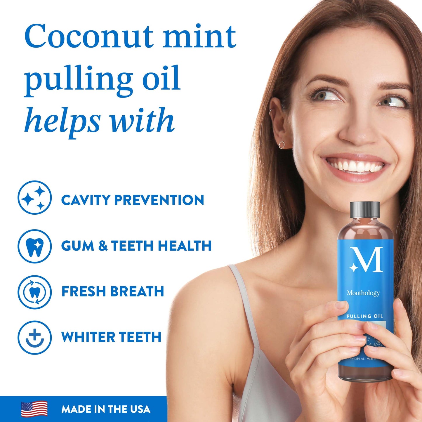 Mouthology Coconut Oil Pulling for Teeth and Gums (Made in USA), Whitening Pulling Oil Coconut Mint Mouthwash for Fresh Breath Ayurvedic Oil Pulling Mouth Gum Health with Tongue Scraper Oral Care 8oz