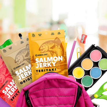 Kaimana Jerky Wild Caught Salmon Jerky - Organic Dried Fish Strips Rich in Omega-3, Protein - Low-Calorie Seafood Snack with No Gluten, Less Sodium & Sugar - Original, Teriyaki, Spicy Flavors - 3-Pack