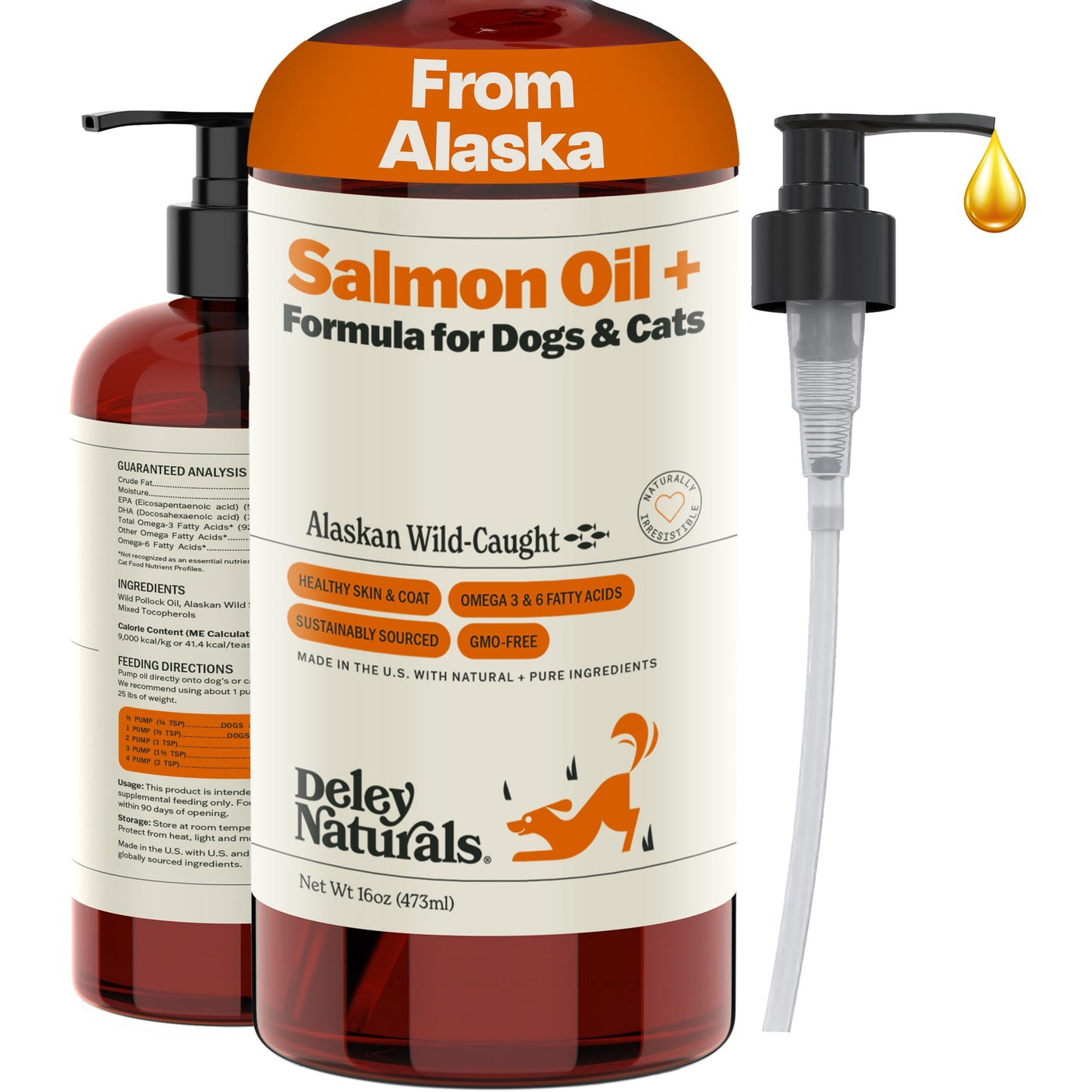 Deley Naturals Wild Alaskan Salmon Oil for Dogs - New & Improved Salmon Oil Plus Formula - Fish Oil for Dogs with DHA EPA Omega 3 & 6 Fatty Acids - Omega 3 Fish Oil for Skin & Coat - 16oz Made in USA