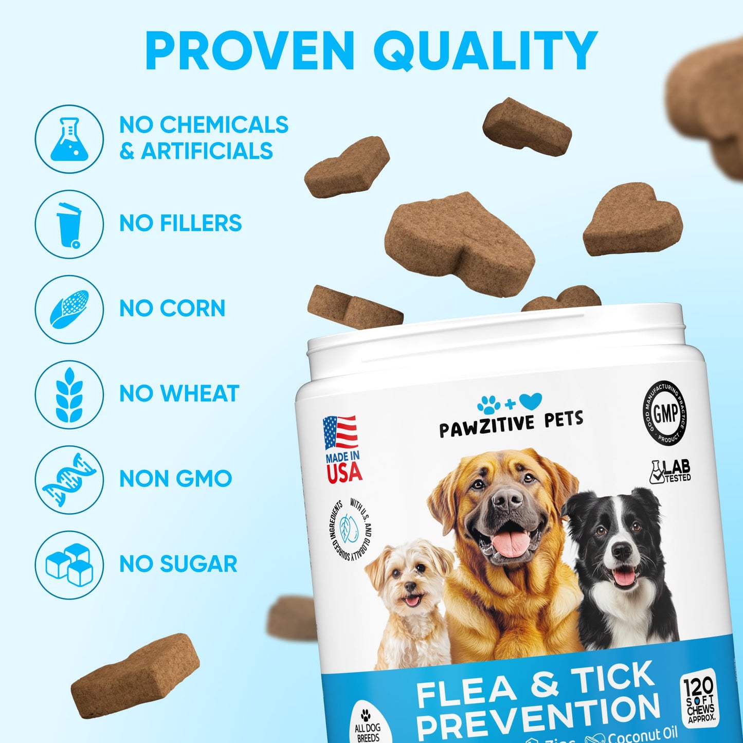 Chewable Flea and Tick Prevention for Dogs - 120 Soft Chews Made in USA - Oral Flea and Tick Control Pills for Small, Medium, Large Dogs and Puppies - Skin and Coat Supplement Treats for All Breeds