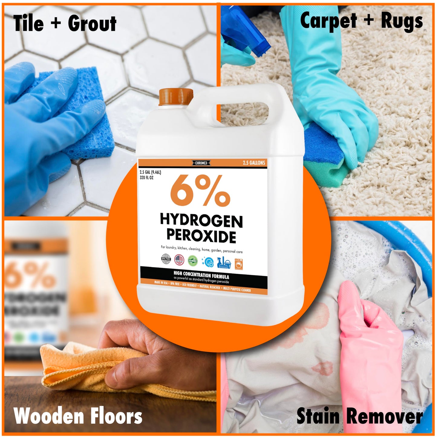 Chromex 6 Percent Hydrogen Peroxide, Food Grade, Home, Kitchen, Bath Cleaner, Laundry, Whitening, 2.5 Gallons