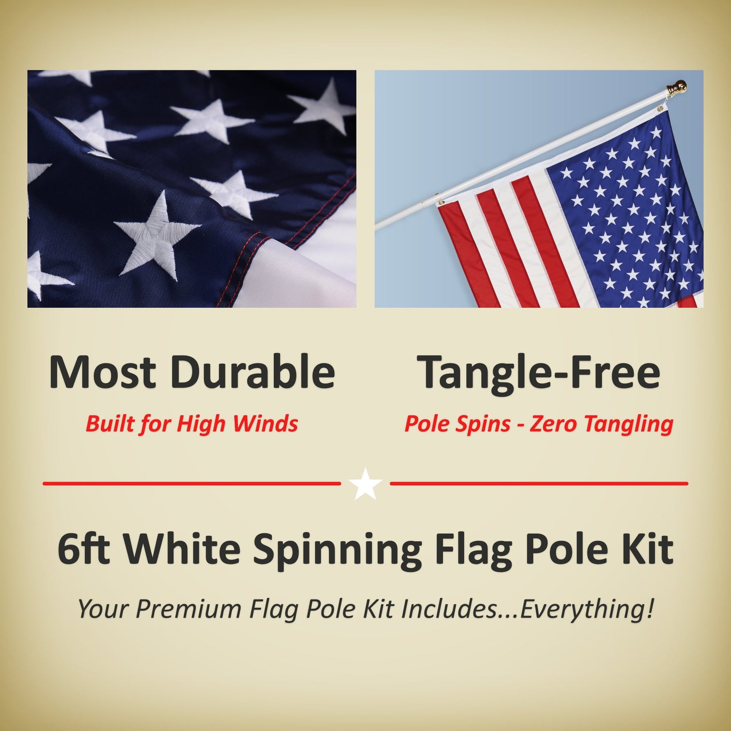ALLIED FLAG American Flag and Pole Set - 3x5 US Flag and 5' Spinning Flag Pole, Durable for Outdoors - Made in USA