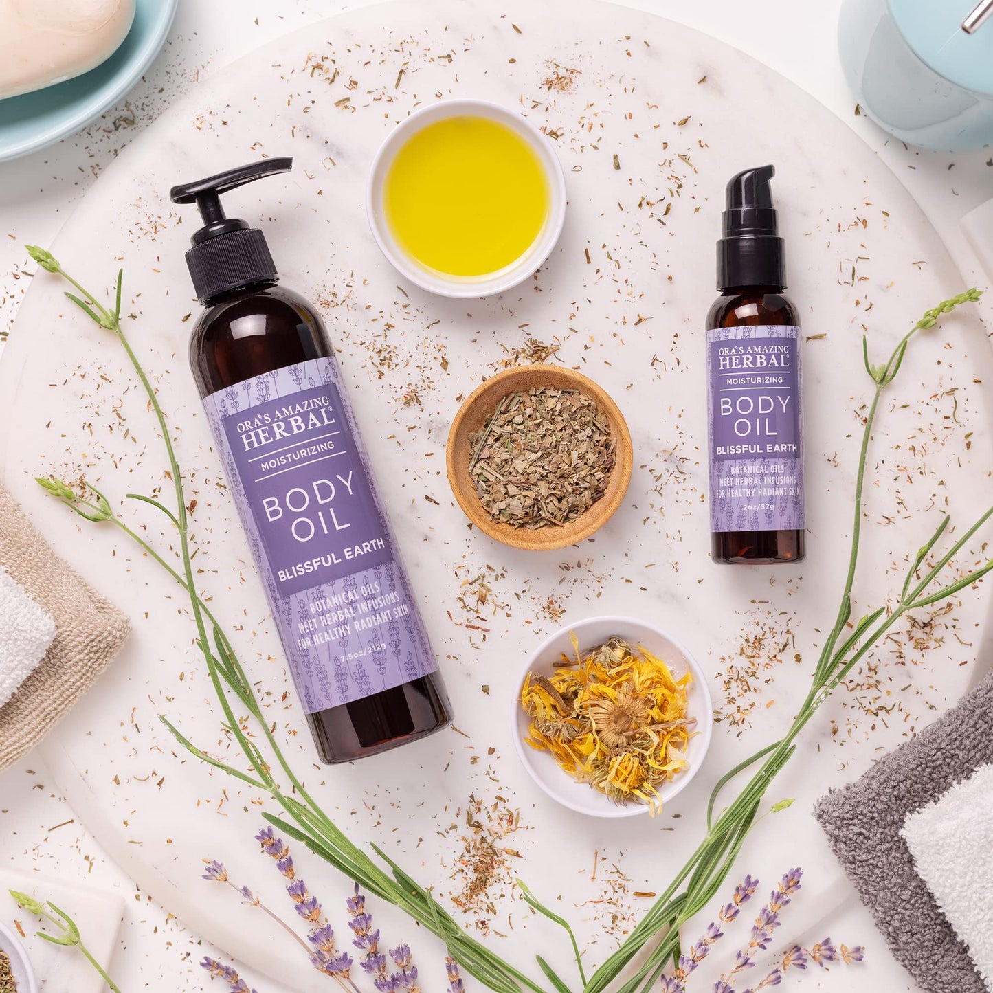 Lavender Bath Oil, Herbal Infused Moisturizing Body Oil for Women with Organic Jojoba Calendula Thyme Vetiver for Relaxation & Dry Skin, Blissful Earth Scent with Pump 7.5 oz