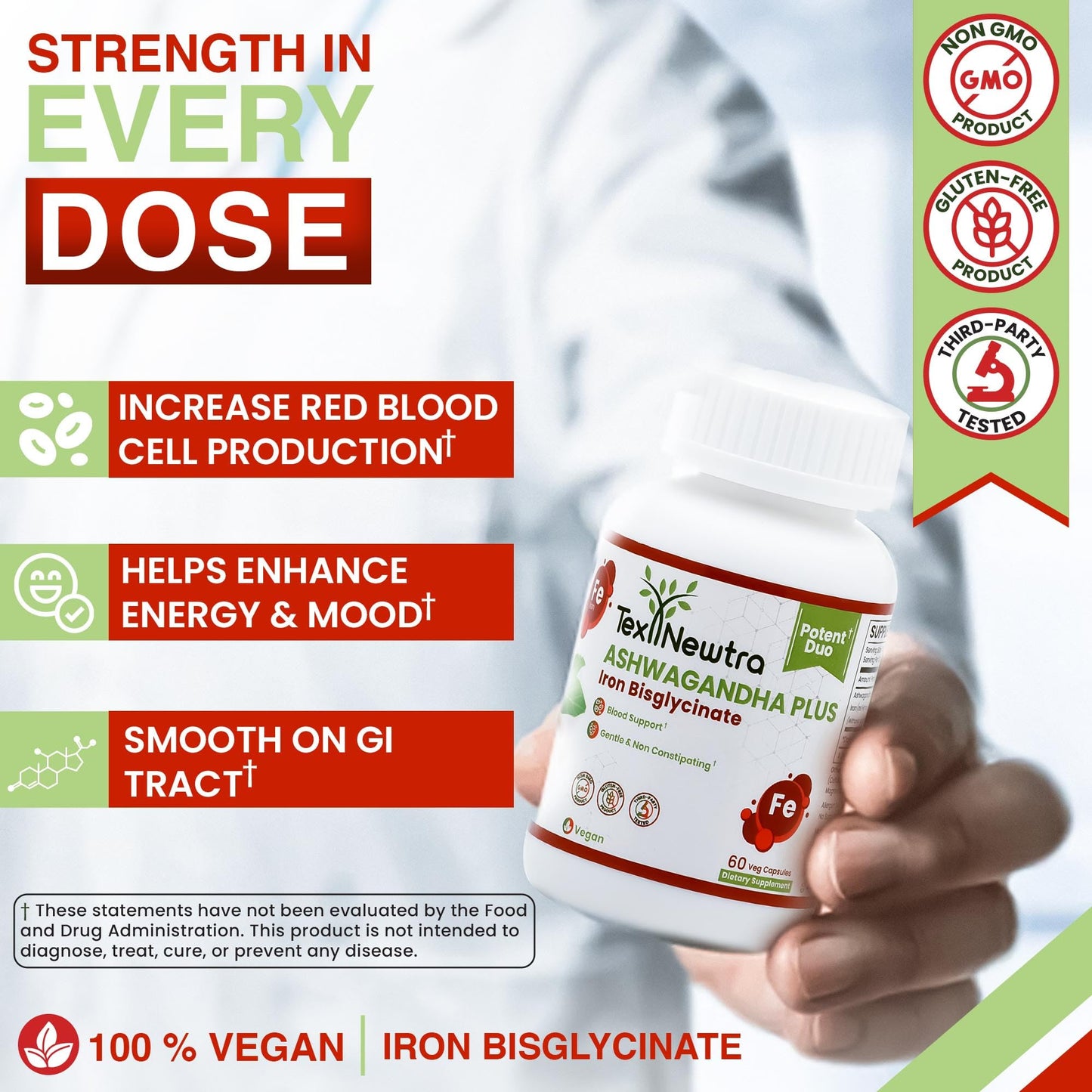 TEX NEWTRA Ashwagandha with Iron Bisglycinate - 300mg & Bioavailable Iron 10mg - 60 Capsules
