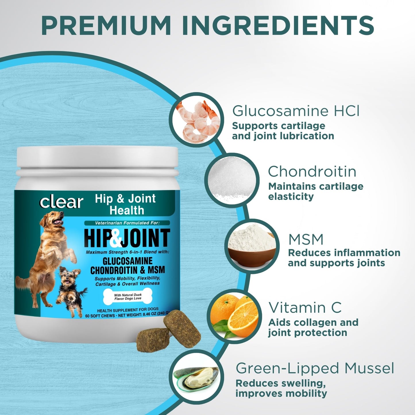 Glucosamine for Dogs Hip and Joint Supplement - Chondroitin, MSM, Green-Lipped Mussel - Clear Hip & Joint - Advanced Mobility Cartilage Support, Bone Health - Tasty Chews - Made in USA