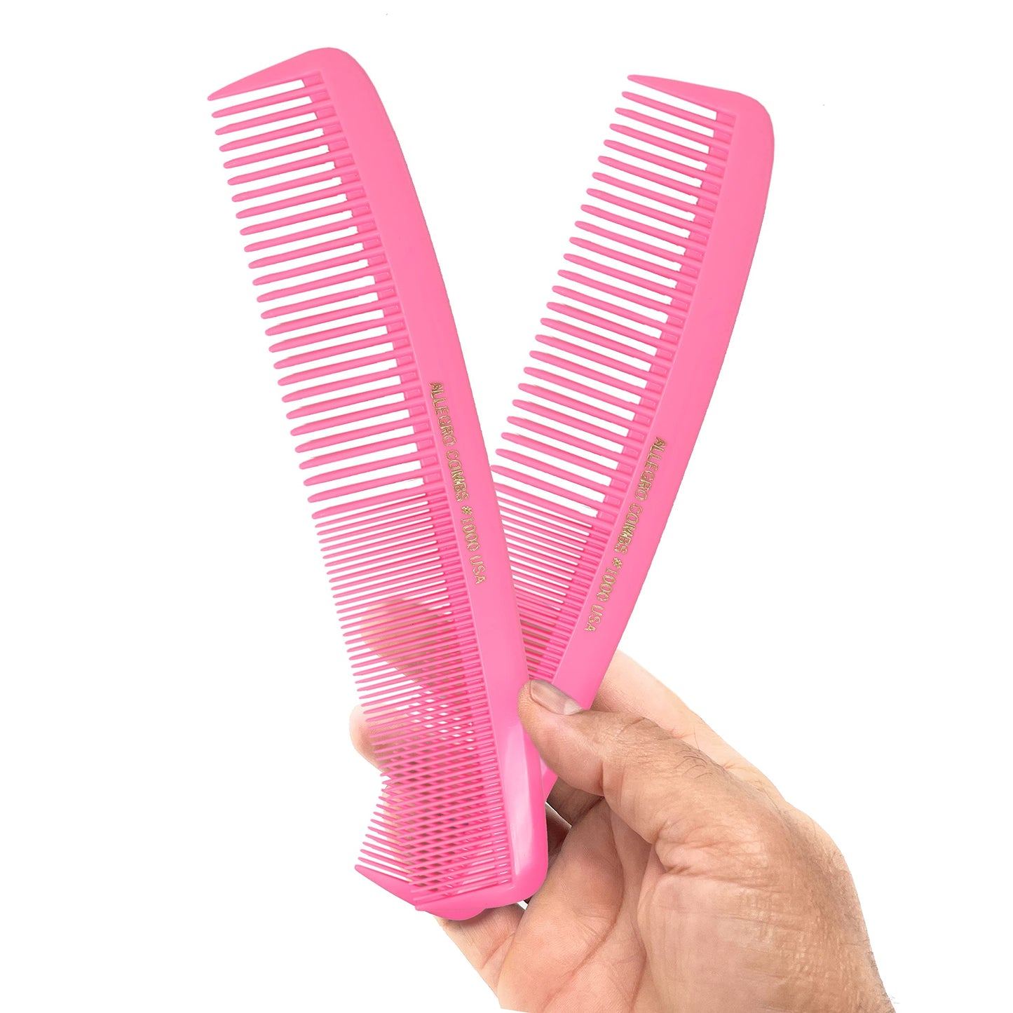 Allegro Combs 1000 X-Large Styling Comb Hair Cutting Barber Stylist Shampoo Combs All Purpose Wide And Fine Tooth Made In The USA 2 Pc. (Light Pink)