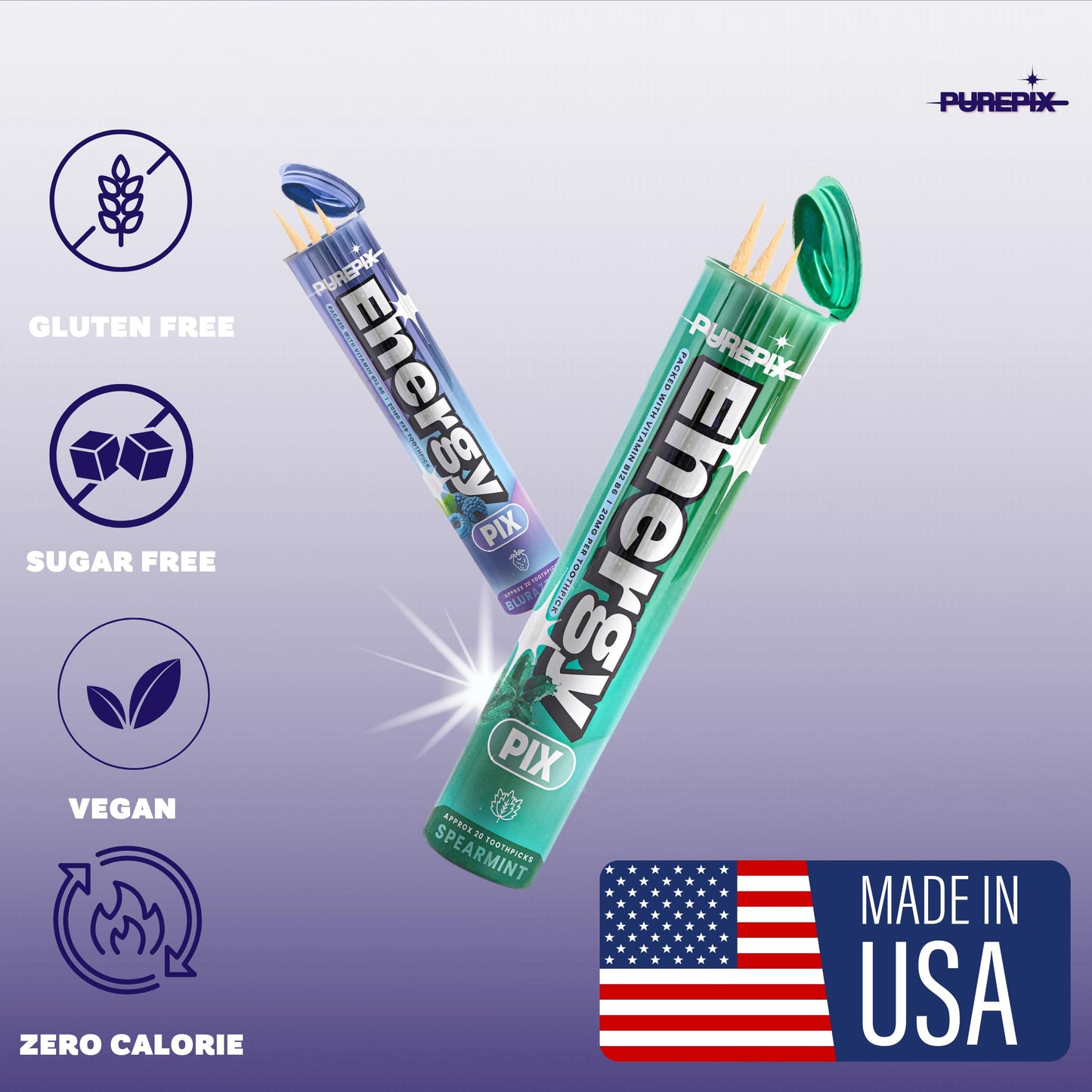 EnergyPix - Caffeine Flavored Toothpicks with L-Theanine, B12 for Focus & Energy - Sugar-Free Alternative to Energy Mints & Gum - 20 Count, Kosher (Spearmint 3 Pack)