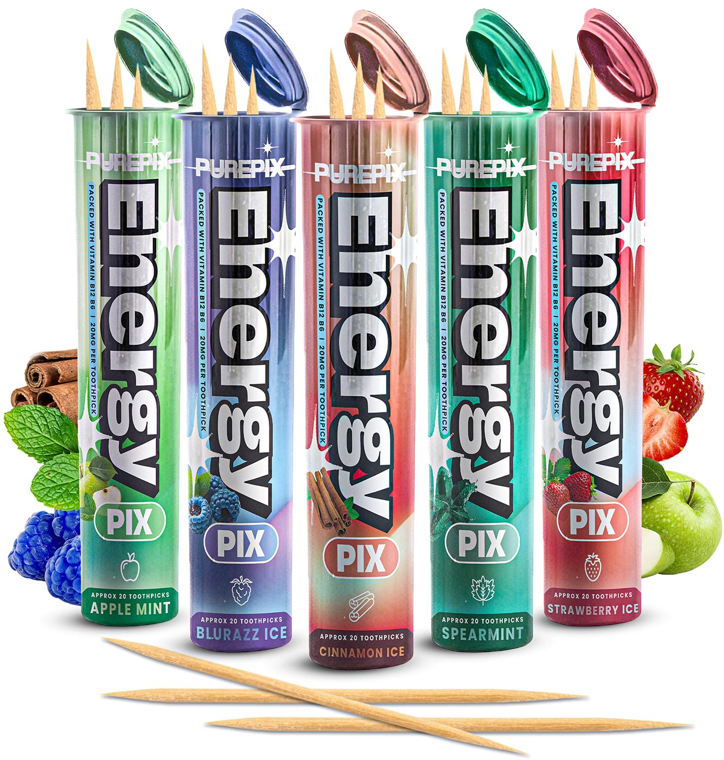 PurePix EnergyPix - Caffeine Flavored Toothpicks with L-Theanine, B12 for Focus & Energy - Sugar-Free Alternative to Energy Mints & Gum - 20 Count, Kosher (5 Flavors Variety Pack)
