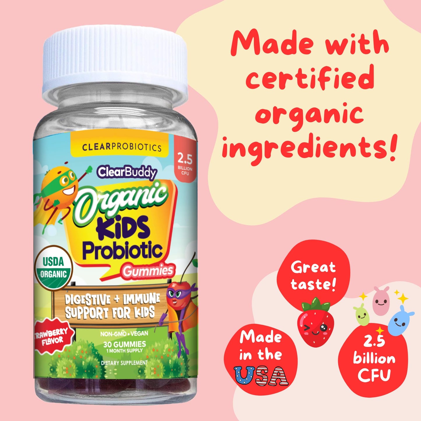 Kids Probiotics Gummies – Daycare Formulated Immunity Gummies - Immune System Boost & Improved Regularity - Plant-based Organic, 2.5 Billion CFU - DE111 Bacillus Subtilis - Strawberry – 1 Month Supply