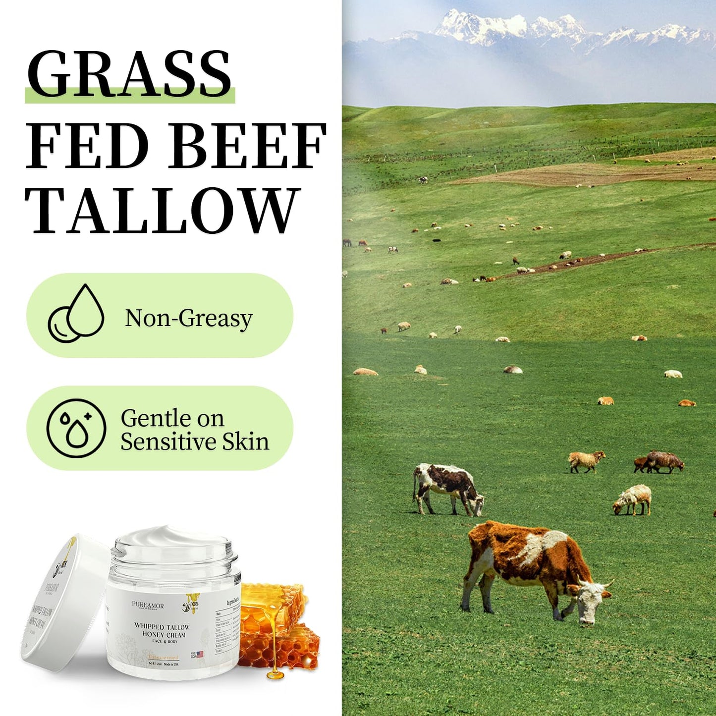 PUREAMOR Beef Tallow for Skin, Beef Tallow Face Moisturizer Cream, Fast Absorption Whipped Tallow and Honey Balm, 2oz. Unscented, Grass Fed Beef Tallow for Skin Care, Face,Body Moisturizer,Made in USA