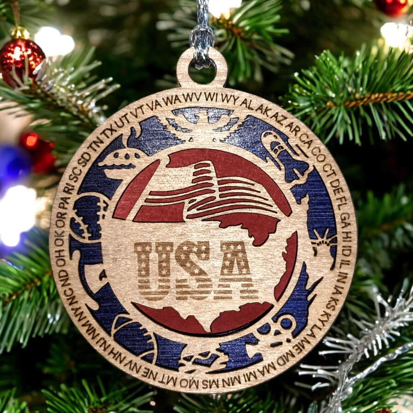 Patriotic USA Christmas Ornament - Handmade Wooden Laser Cut American Symbol Decor, 3" Round, 2 Layer, Made in Oregon