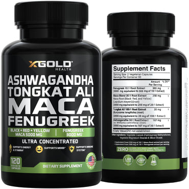 Ashwagandha 5000mg + Tongkat Ali 1000mg + Maca Root 5000mg + Fenugreek 3000mg Supplement | Black + Red + Yellow Maca Root Extract & Fenugreek Herbal Supplements for Men & Women - Made in USA