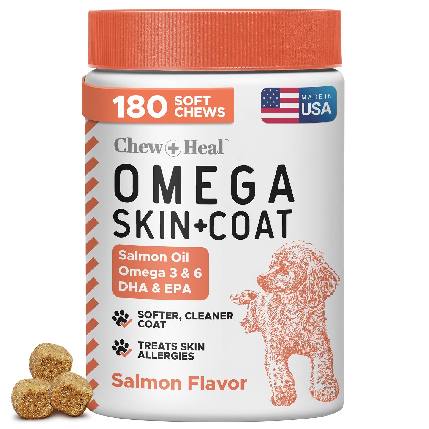 Salmon Oil for Dogs - Soft Chew Omega Treats for Skin and Coat - Fish Oil Blend of Essential Fatty Acids, Omega 3 and 6, Vitamins, Antioxidants and Minerals - Made in USA