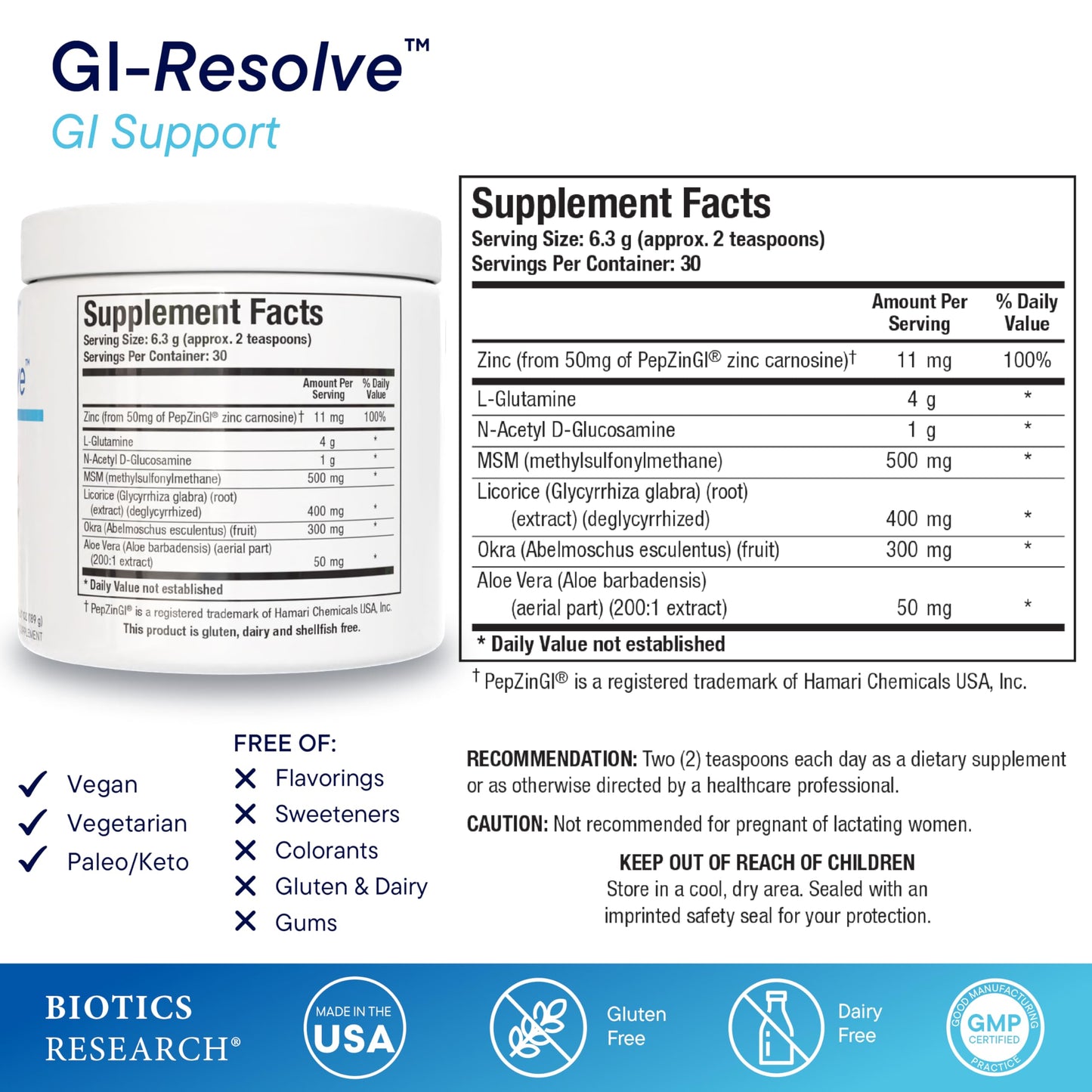 Biotics Research GI Resolve™ Advanced L-Glutamine Powder Formula for Gut Lining Support & Healing - Optimal Gastrointestinal Function - Premium 7-Ingredient with Zinc Carnosine & Botanicals- 6.7oz