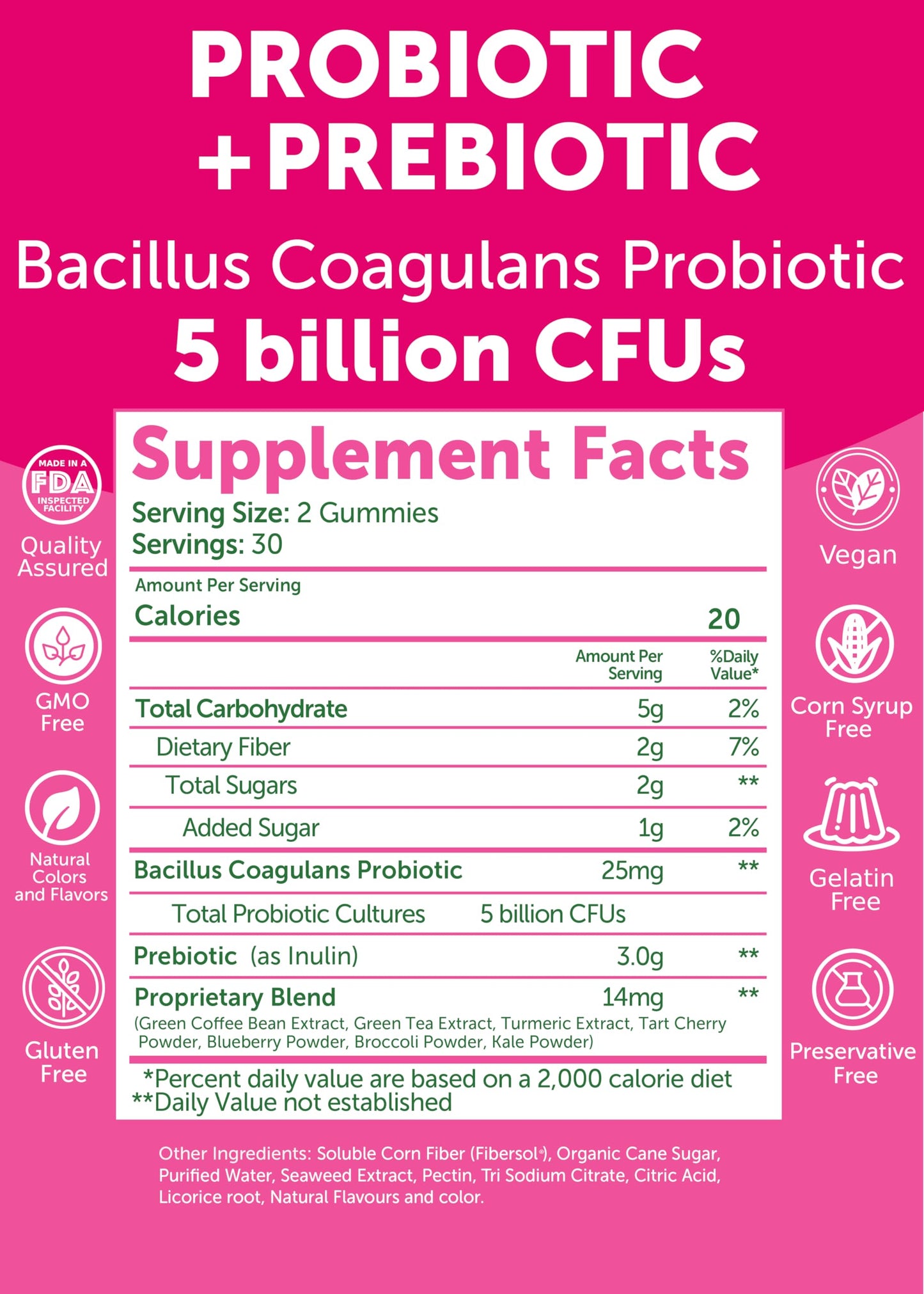 Lunakai USA Made Prebiotic + Probiotic Gummies for Women and Men - High Potency 5 Billion CFUs with Fibers - Non-GMO Gut Health Support 60ct