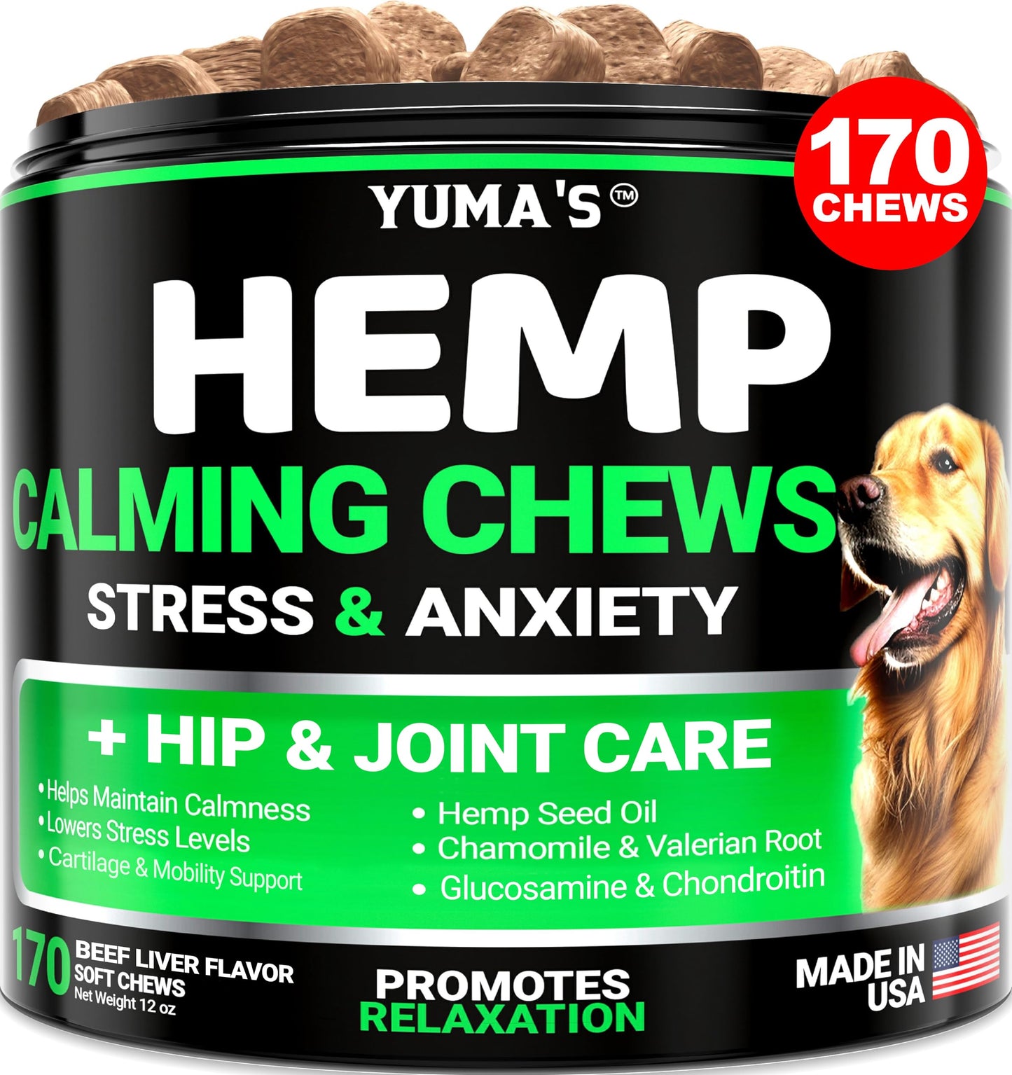 Hemp Calming Chews for Dogs - Advanced Dog Calming Chews - Anxiety Relief Treats - Hemp Oil - Separation Aid, Stress, Hip and Joint Supplement for Canine Health Support - Beef Flavor