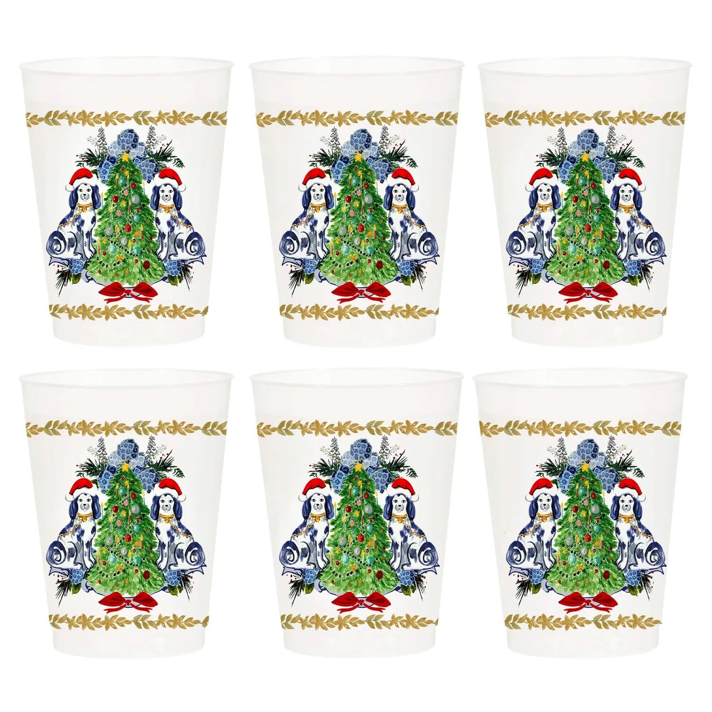 Marye-Kelley Staffordshire Dogs with Santa Hats and Christmas Tree Shatterproof 20 Oz Frosted Cups - Set of 6 Cups - BPA Free - Made in the USA Dishwasher Safe