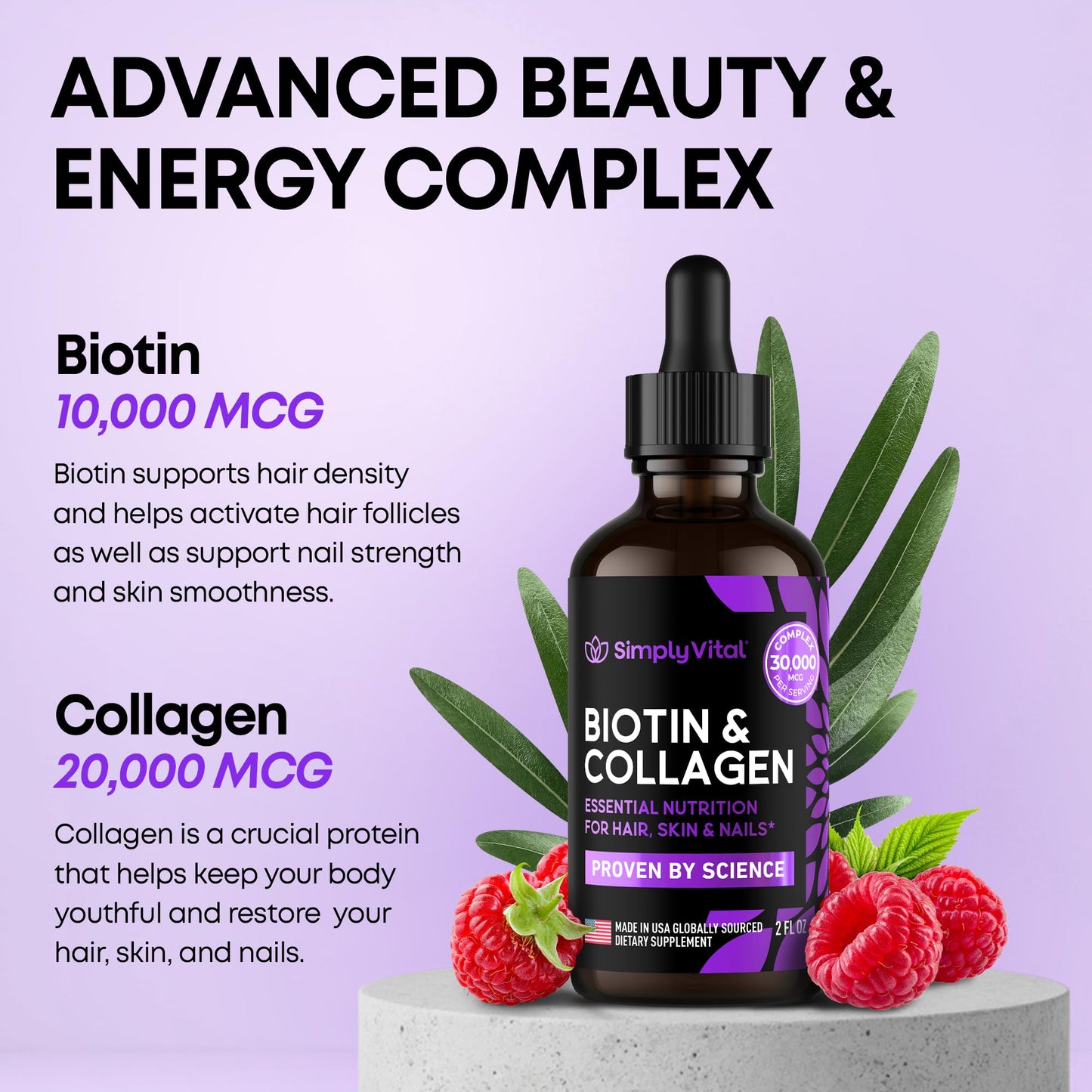 SimplyVital Liquid Biotin & Collagen - Hair, Skin & Nails Vitamins with Biotin 10000mcg & Collagen Peptides - Made in USA - Liquid Collagen for Healthy Skin & Hair Growth Support - 2 fl oz