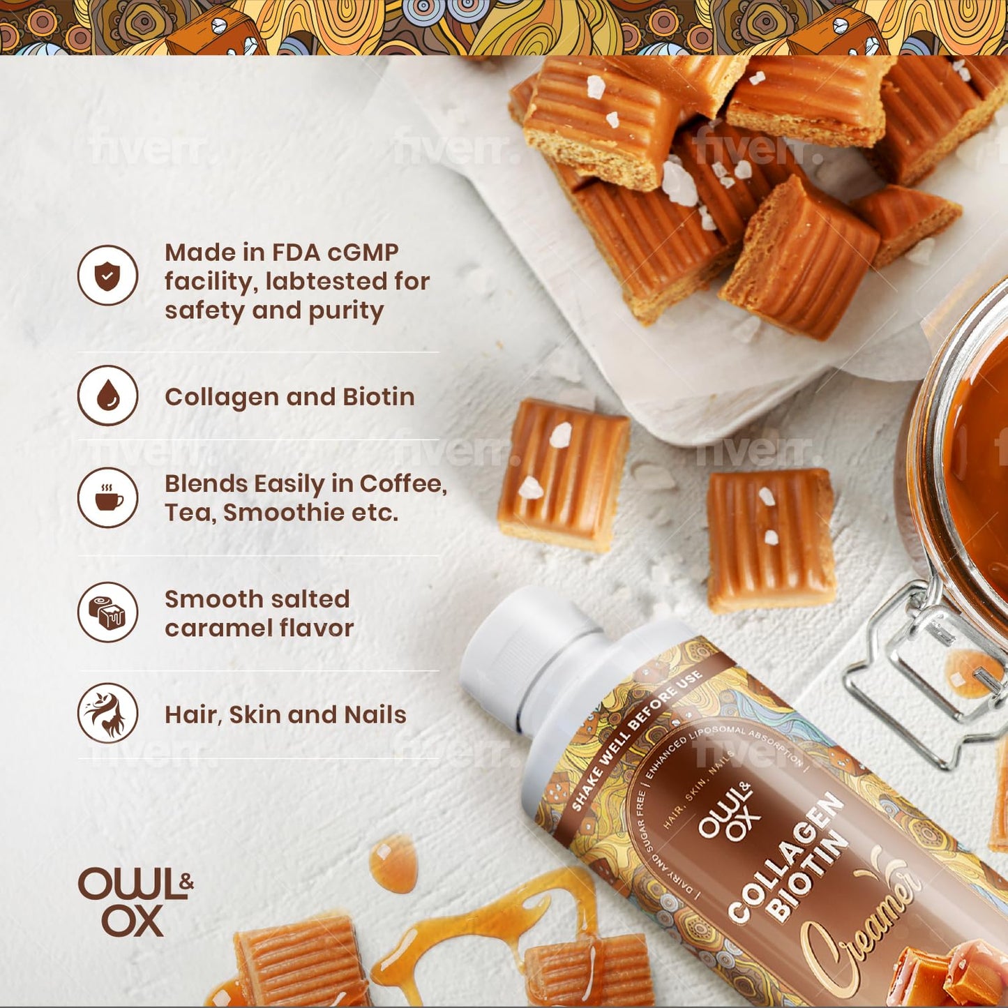 Owl & Ox Collagen Coffee Creamer Biotin-Infused for Healthy Hair, Skin & Nails | Keto, Dairy-Free, Sugar-Free, Gluten-Free | Liquid Salted Caramel | 30 Servings