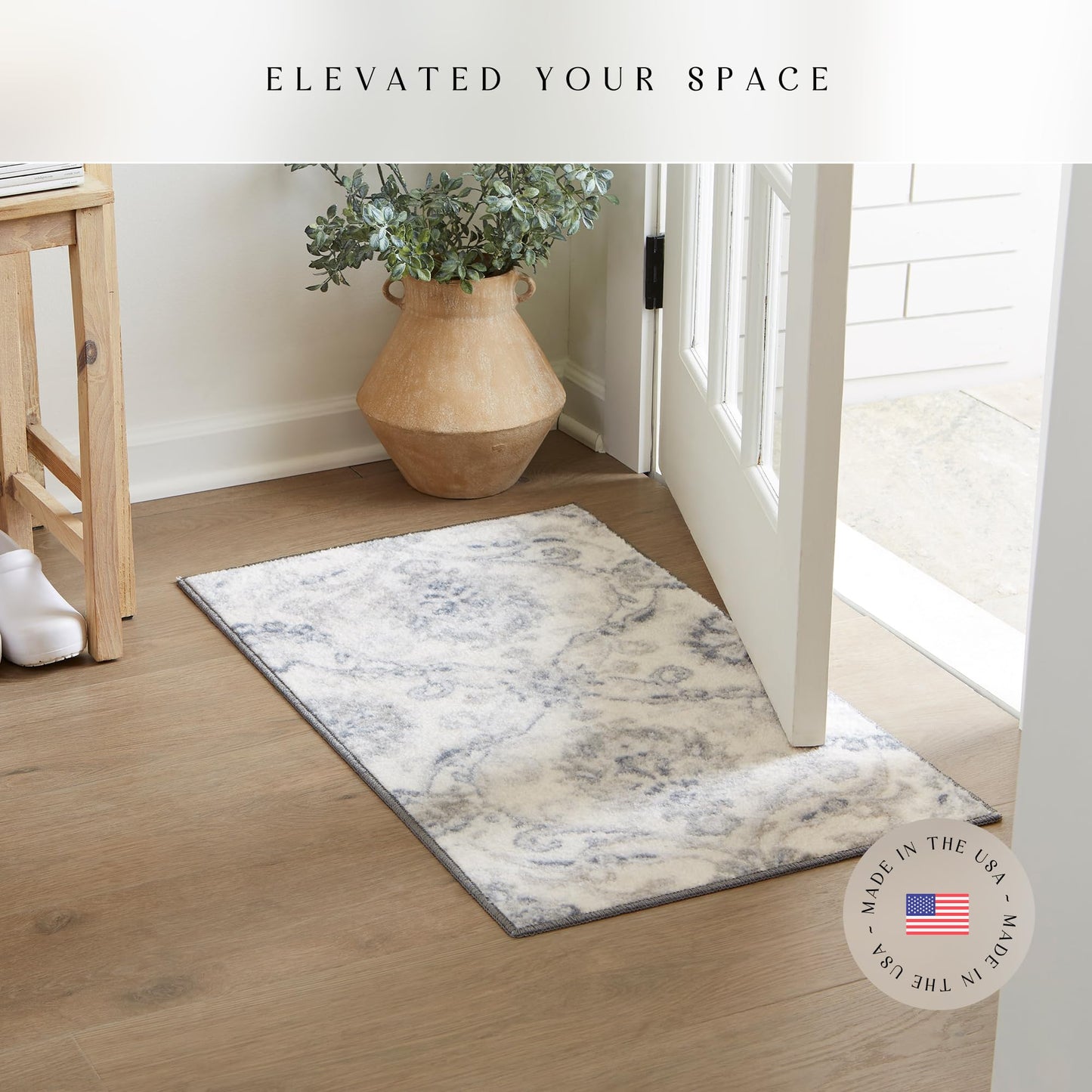 Maples Rugs Blooming Damask Area Rugs - Made in USA – Washable, Non Slip Indoor Carpet for Entryway, Foyer, Kitchen, and Bathroom, 1'8 x 2'10, Grey/Blue
