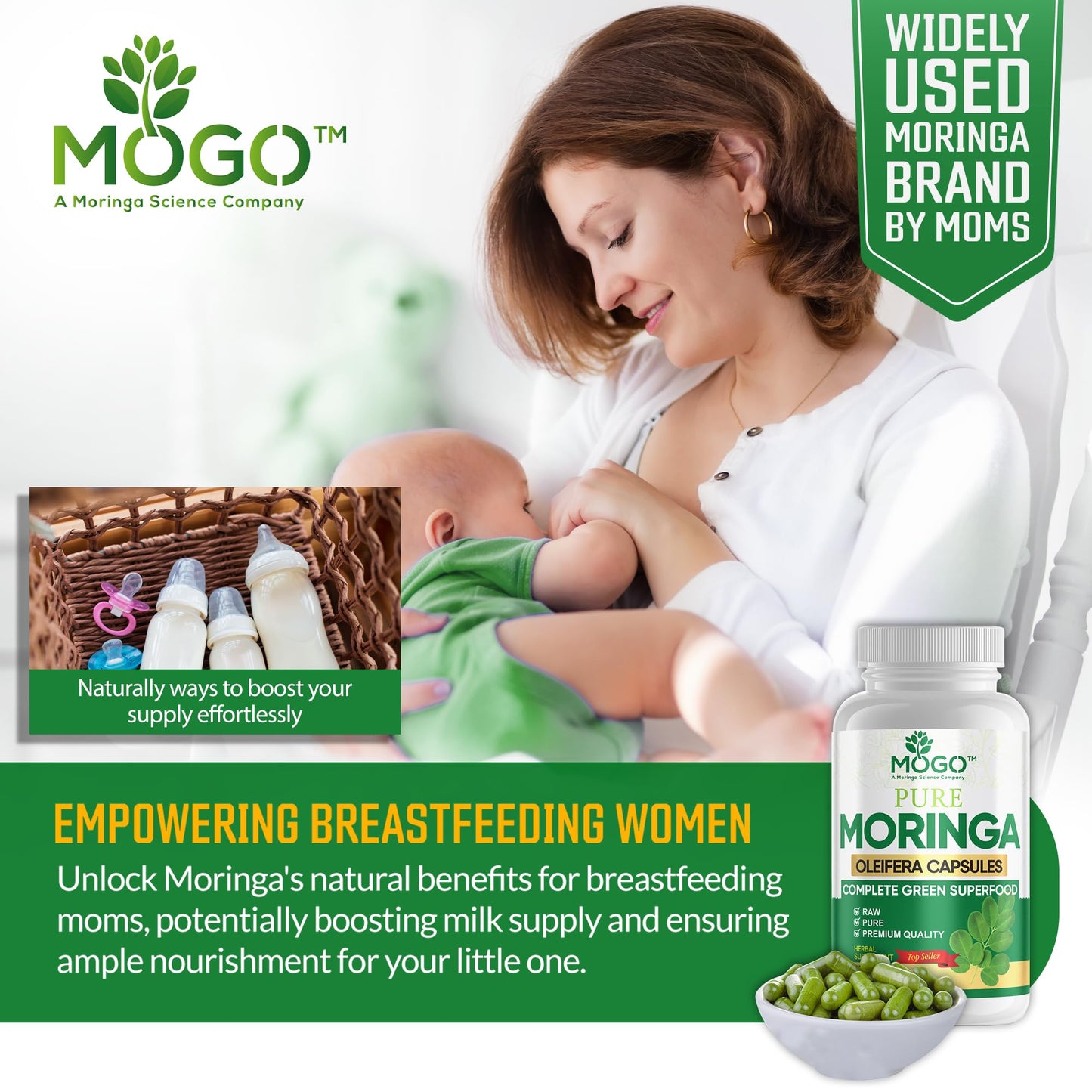 MOGO Moringa Capsules -180 Ct| Boost Energy, Immune, Gut, Joint Support | Made with Pure Organic Moringa Powder Organic Capsules | Made in USA | Antioxidants Rich Complete Green Superfood Supplement