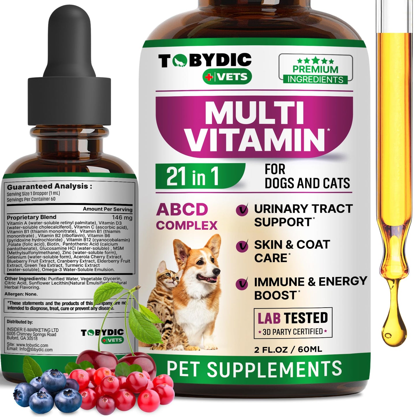 TOBYDIC Cat & Dog Multivitamin 21 in 1 Pet Supplements with Cranberry & Glucosamine - Natural Medicine & Support for UTI, Urinary Tract, Bladder, Kidney, Skin Coat, Joints Treatment Made in USA