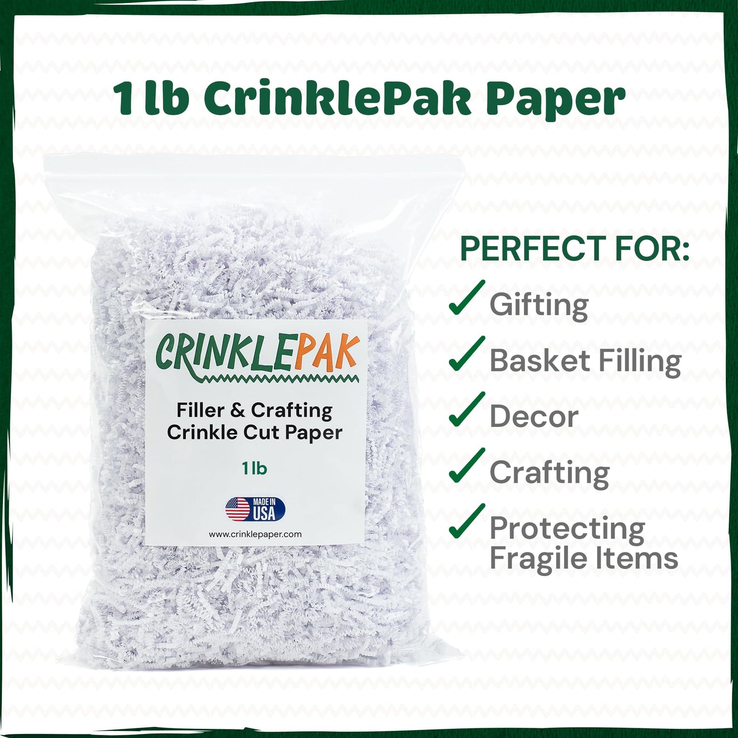 CrinklePak 1LB USA Made White Crinkle Paper Filler | Great Shredded Paper For Gift Baskets, Shipping Packages, Gift Box, Basket Filler, Birthdays, Weddings, Anniversaries | White Crinkle