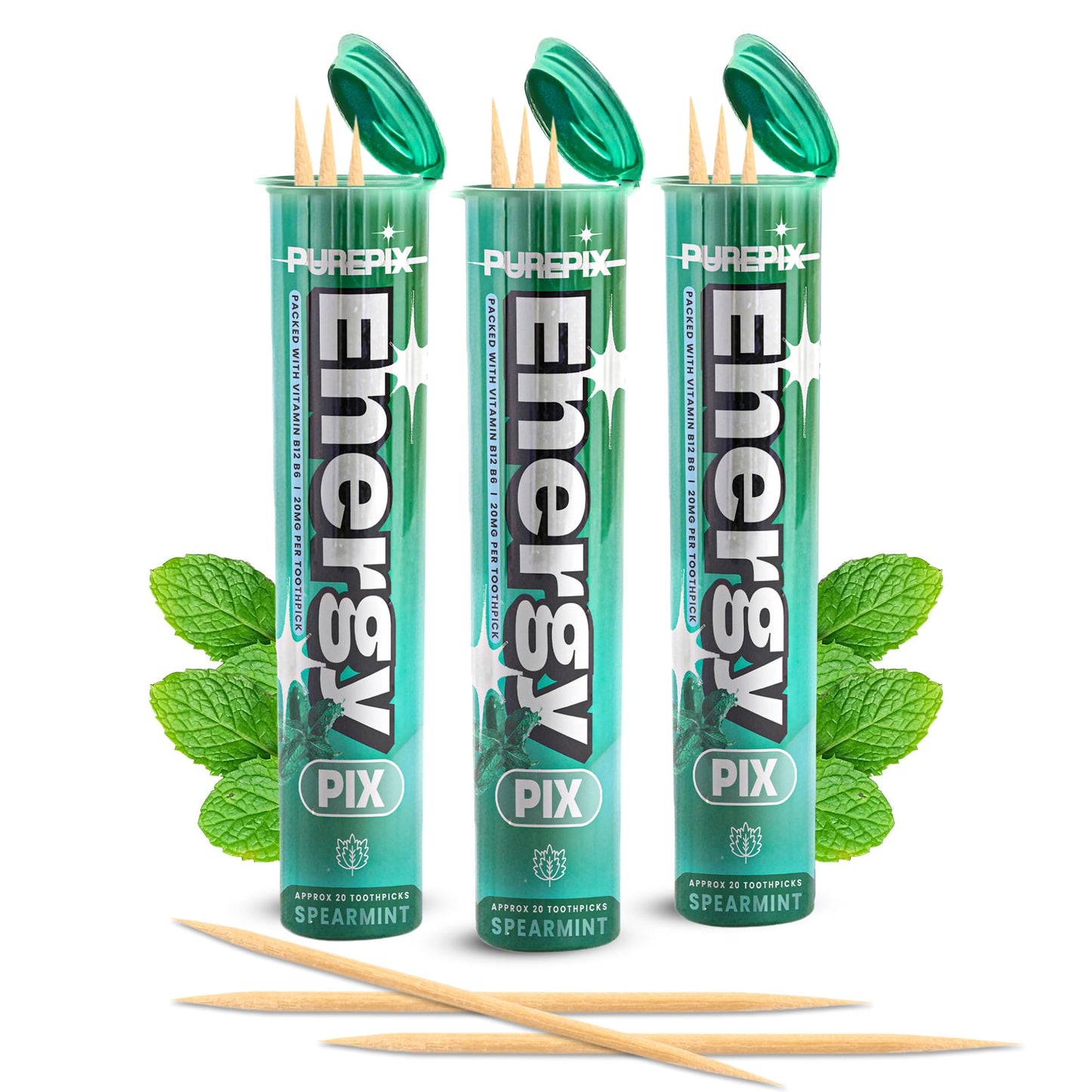 EnergyPix - Caffeine Flavored Toothpicks with L-Theanine, B12 for Focus & Energy - Sugar-Free Alternative to Energy Mints & Gum - 20 Count, Kosher (Spearmint 3 Pack)