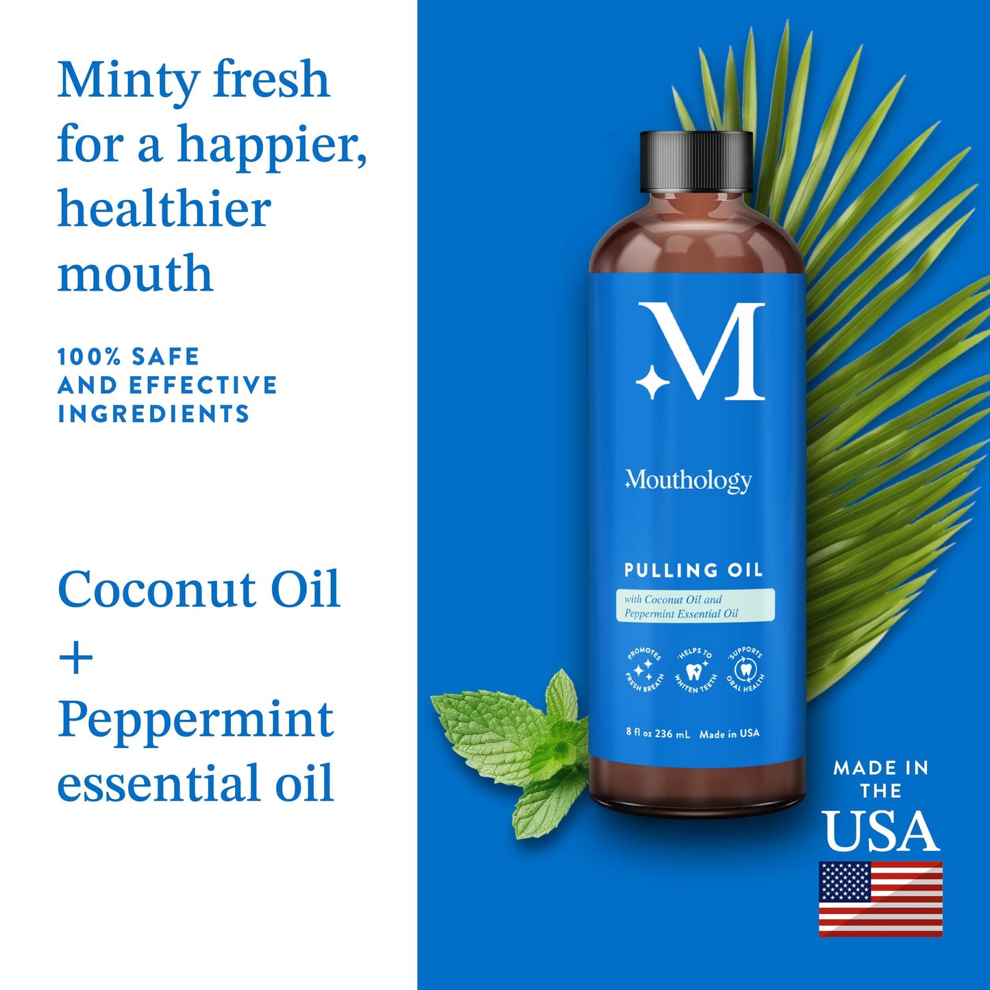 Mouthology Coconut Oil Pulling for Teeth and Gums (Made in USA), Whitening Pulling Oil Coconut Mint Mouthwash for Fresh Breath Ayurvedic Oil Pulling Mouth Gum Health with Tongue Scraper Oral Care 8oz