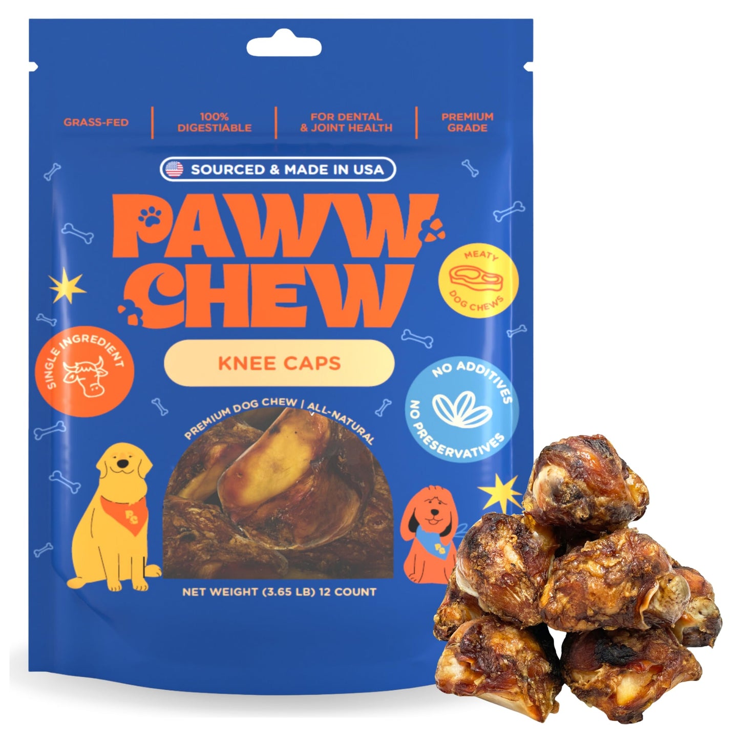 Paww Chew Knee Caps for Dogs, 100% Natural, Single Ingredient (12 Pack) Made and Sourced in the USA, High Protein, Grass-Fed Beef Knee Caps & Knuckle Bones, Long Lasting Cow Knee Caps, Meaty Dog Bones