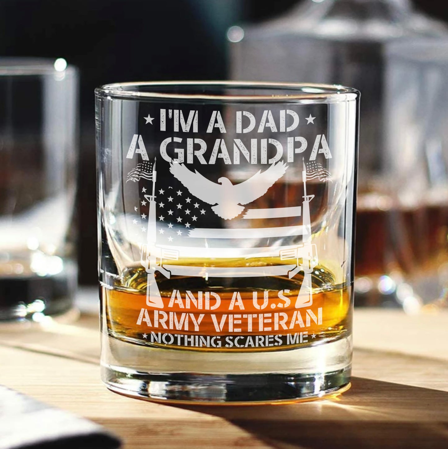 Army Engraved Whiskey Glass, Army Veteran Gift, Custom Etched Rocks Glass, Proud American Soldier, Made in USA, Father's Day Gift