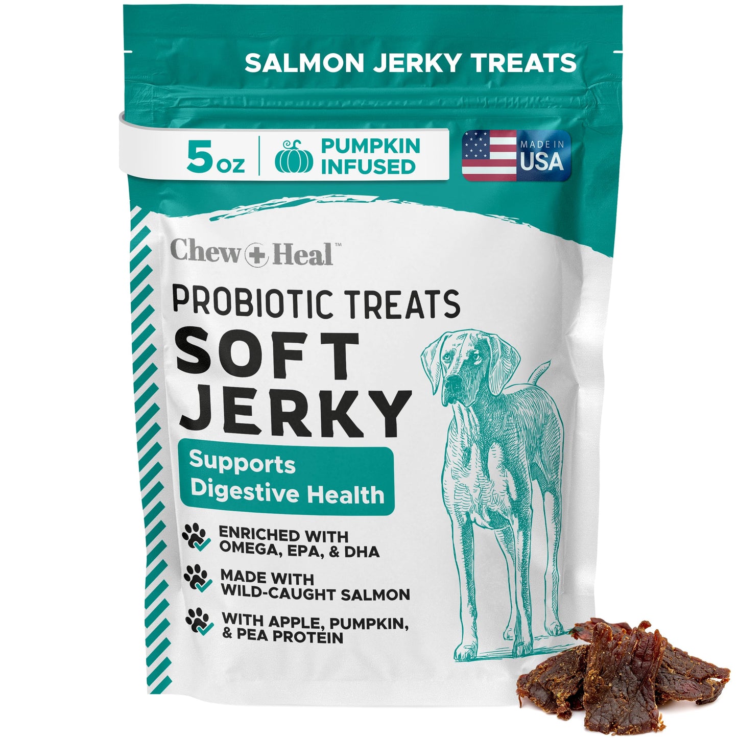 Chew + Heal Labs Probiotic Salmon Jerky Dog Treats - Wild Caught Alaskan Salmon Jerky for Digestive Health with Apples, Pumpkin, Pea Protein, and More - Made in The USA