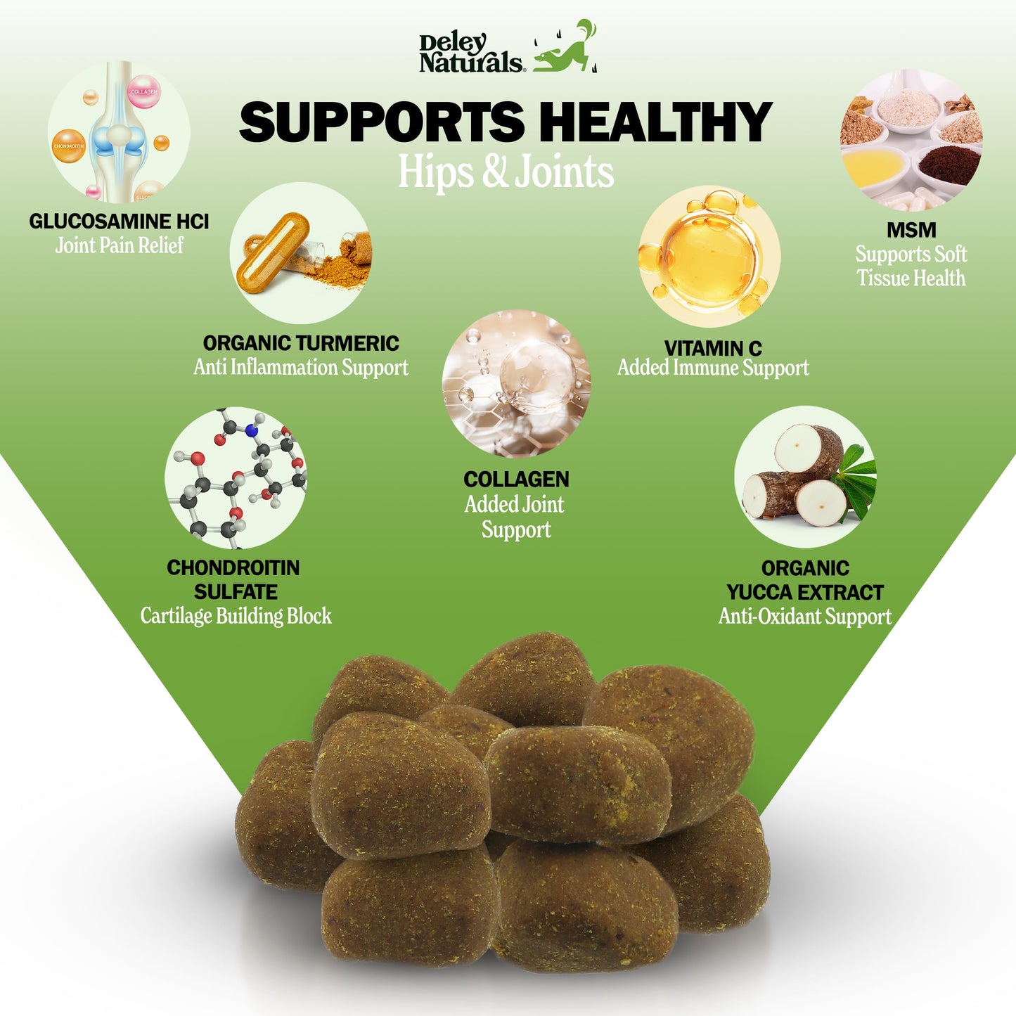 Deley Naturals Hip and Joint Supplement for Dogs - Glucosamine for Dogs with MSM, Turmeric, Chondroitin & Collagen Supplements - Joint Support Chews for Mobility, Flexibility & Comfort - 120 Chews