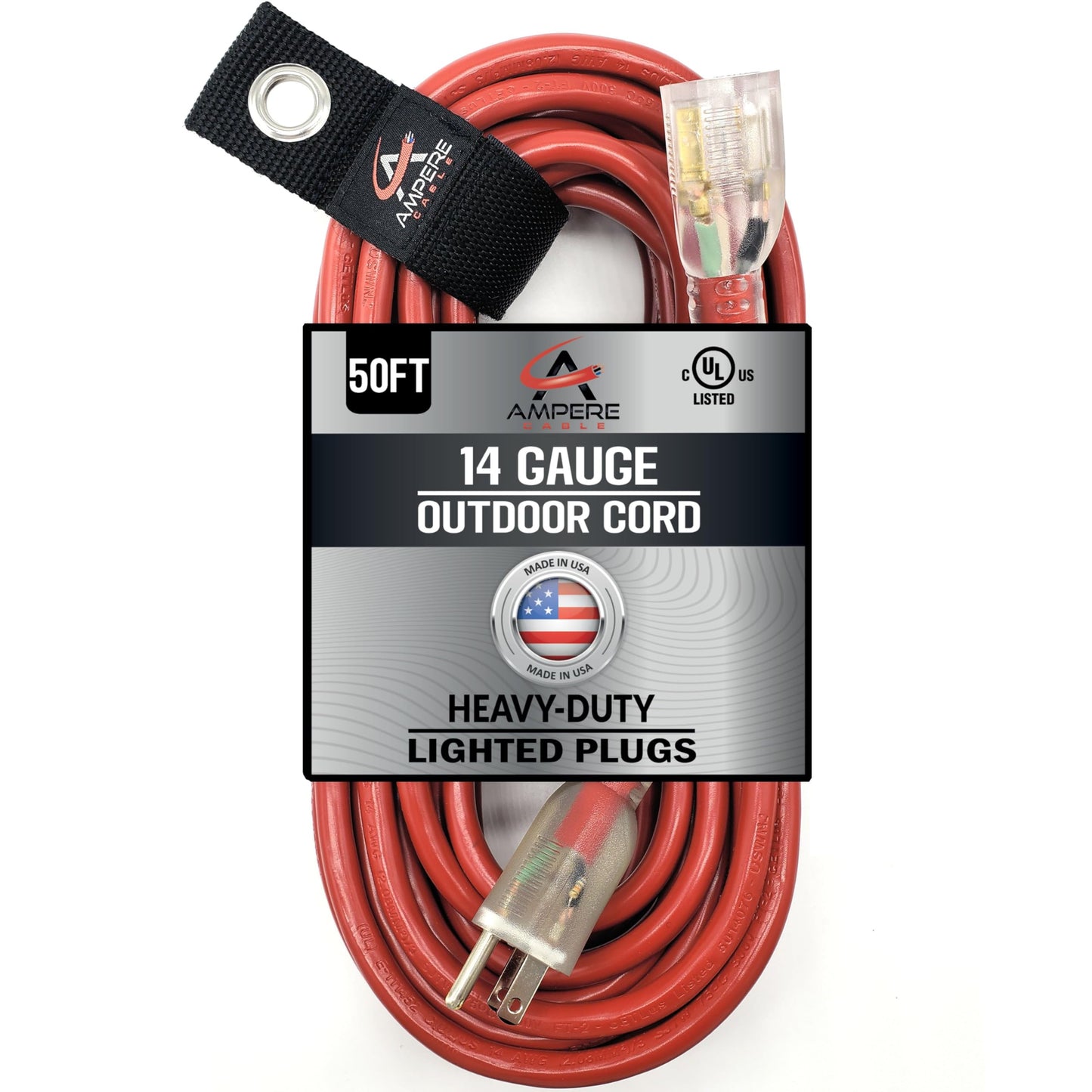 Anthem Cable Outdoor Extension Cord - Made in USA - Lighted on Both Ends - Red Waterproof Heavy Duty 15 Amp