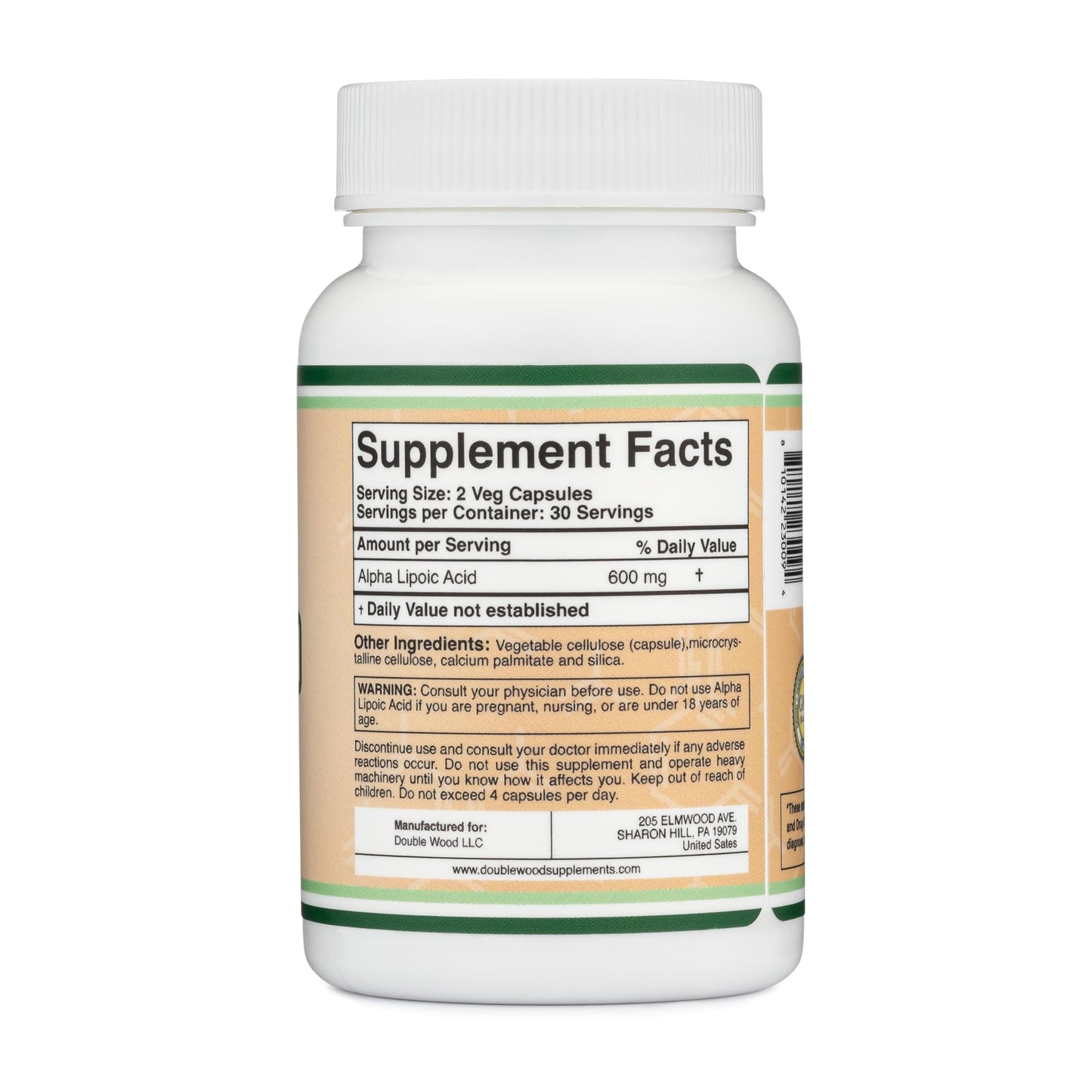 Alpha Lipoic Acid 600mg per Serving, 60 Capsules (Third Party Tested, Non-GMO, Gluten Free, Vegan Safe) Potent Antioxidant for Neuropathy and Cardiovascular Health (ALA Supplement) by Double Wood