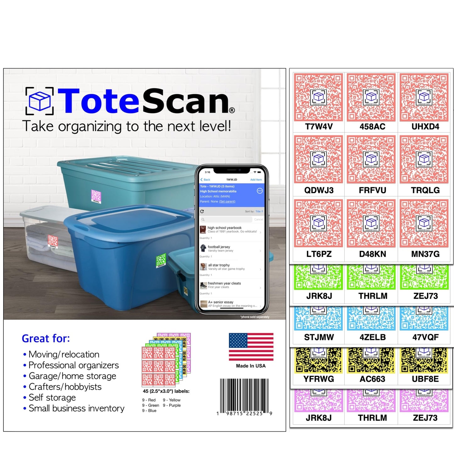 ToteScan Intelligent QR Labels for Organization/Moving/Storage (45 Unique Labels, 2.5"x3") Multi-Color (red/Green/Blue/Yellow/Purple) (Multi-Color)