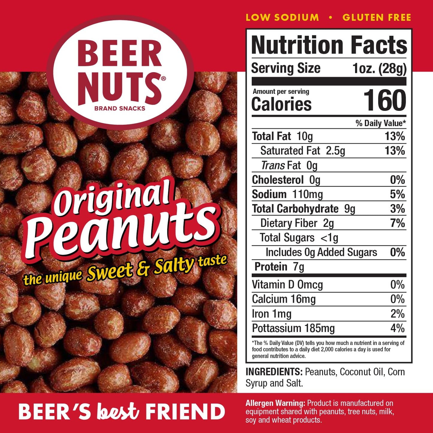 BEER NUTS Original Peanuts - Sweet & Salty Bar Nuts - Gluten Free, Kosher, Low Sodium Peanut Snacks Made In The USA - Family Size Resealable Jar
