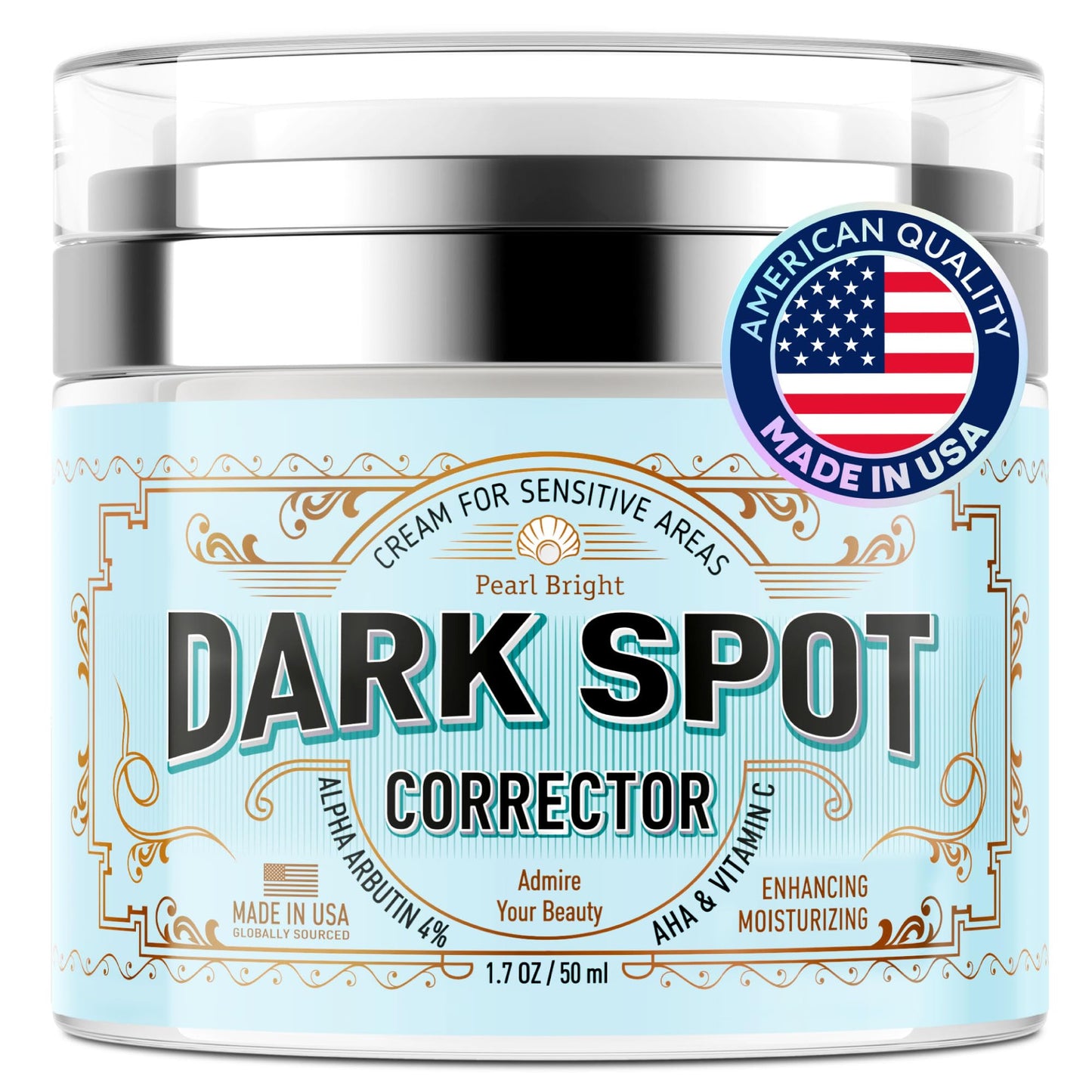 PearlBright Dark Spot Remover/Corrector for Face, Body and Sensitive areas with Licorice, Mulberry Extract Arbutin - Natural Skincare for Underarms, Elbows & Privates - Made in USA - 1.7OZ