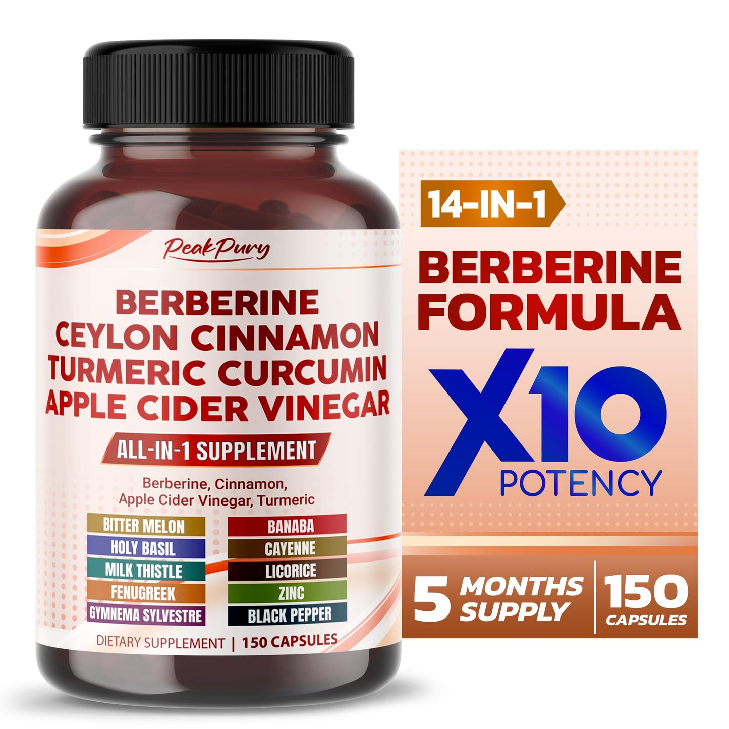 PEAKPURY Berberine Cinnamon Apple Cider Vinegar Turmeric - Overall Wellness Support- Made in USA