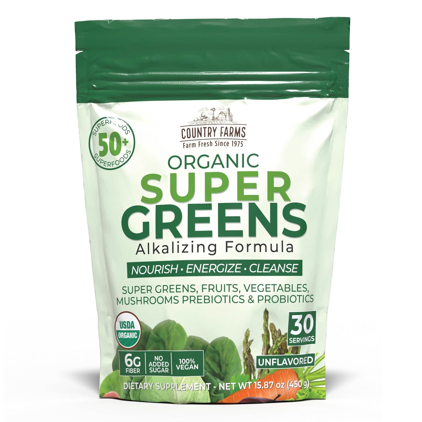 Country Farms Super Greens Natural Flavor, 50 Organic Super Foods, USDA Organic Drink Mix (Wheat Grass, Spirulina, Chlorella) Mushrooms & Probiotics, Fiber, Gut Health, Natural Energy, 30 Servings
