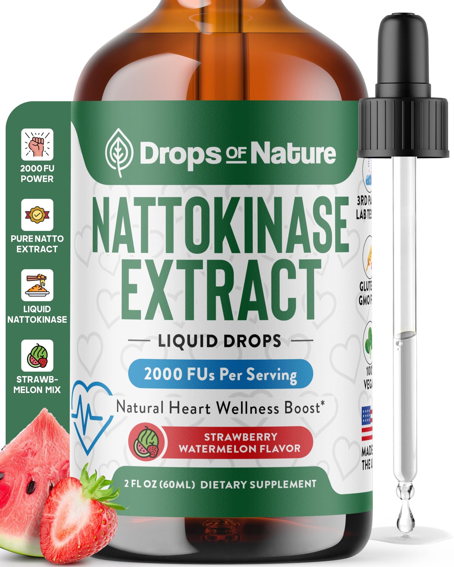 Nattokinase Supplement Liquid Drops – Made of Nattokinase 2000 FU Extract – Vegan, GMO-Free – Liquid Alternative to Natto Veggie Caps – Aids in Maintaining Heart Wellness (Strawberry Watermelon, 60mL)