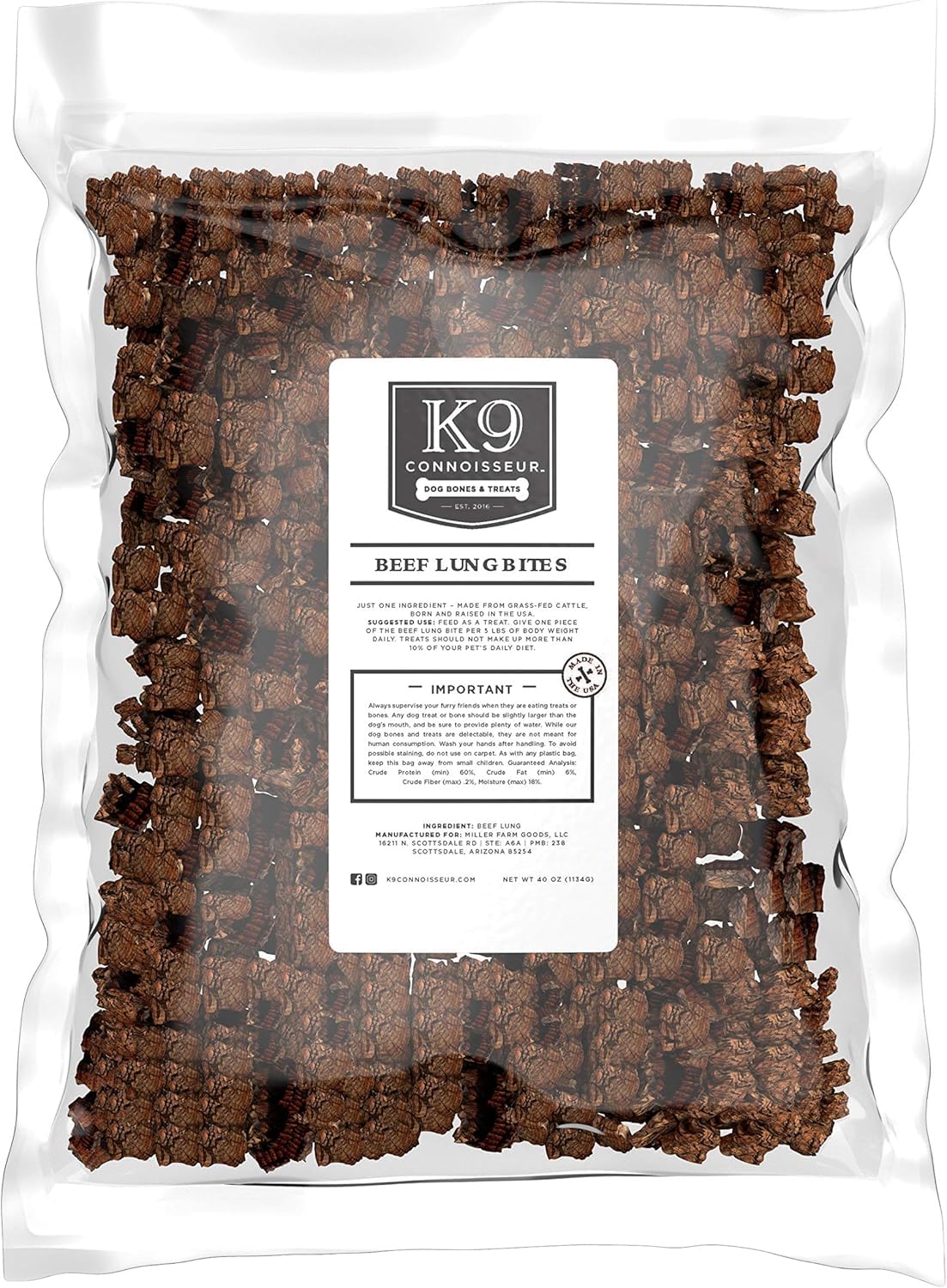 K9 Connoisseur Low to Odor Free Slow Roasted Beef Lung Dog Treats Made in USA, One Ingredient Dog Treats & All Natural, Grain Free Treat for All Breeds & Sizes - 2.5 Pounds