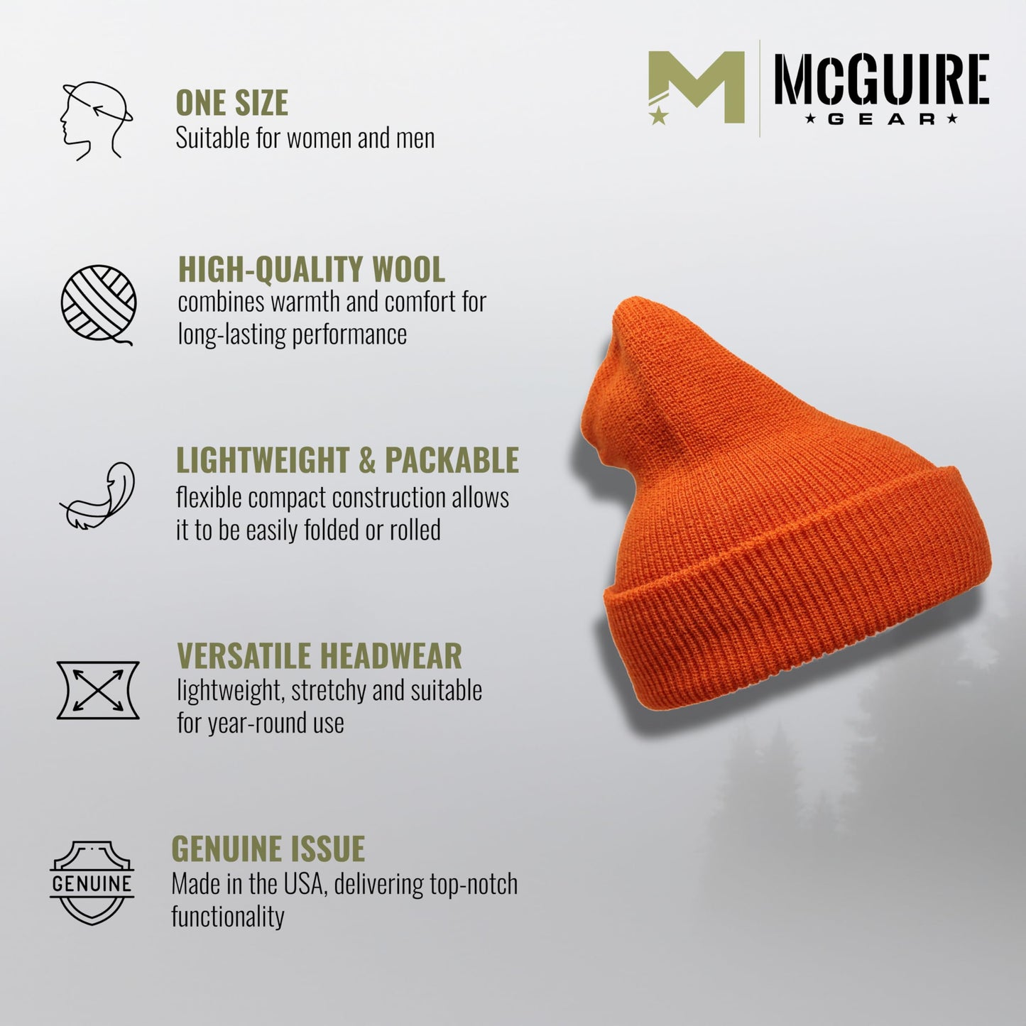 Warm Winter Watch Cap 100% Wool Beanie Made in USA to Military Specifications Orange