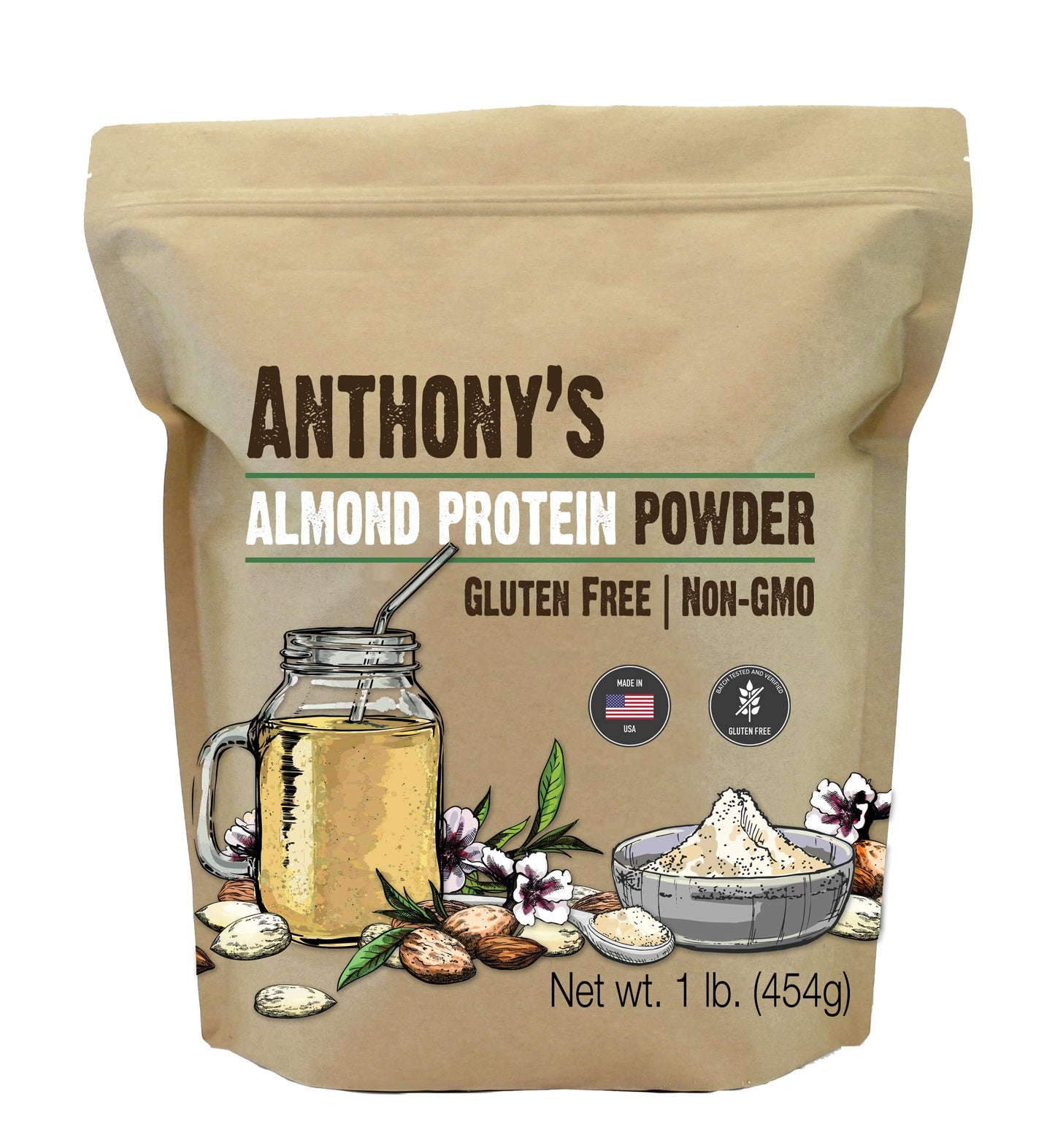 Anthony's Almond Protein Powder, 1 lb, Gluten Free, Non GMO, Plant Based Protein, Made in USA