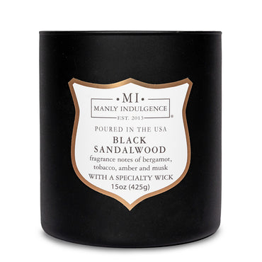 Manly Indulgence Black Sandalwood Scented Candle for Men 15 oz – Bergamot, Tobacco, Amber & Musk - Wood Wick - Up to 60 Hours Burn - Soy Blend Wax, USA Poured – Signature Collection